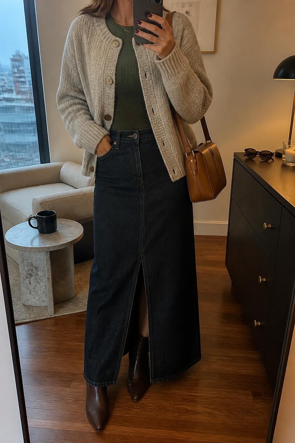 mirror selfie of a woman wearing an oatmeal chunky knit cardigan buttoned halfway over a forest green fitted ribbed top, a dark-wash front-slit denim maxi skirt, chocolate leather ankle boots, and a tan structured shoulder bag, clearly showing the exact clothing items, colors, fabrics, boots, and bag listed in the Outfit Pieces section, holding a phone in front of a mirror, cropped at NECK so the face does not show, relaxed feminine selfie pose in a stylish city apartment, warm moody lighting, with a coffee mug on a side table and sunglasses placed on a dresser, realistic chunky knit, ribbed knit, denim, and leather textures, latest iPhone photo quality