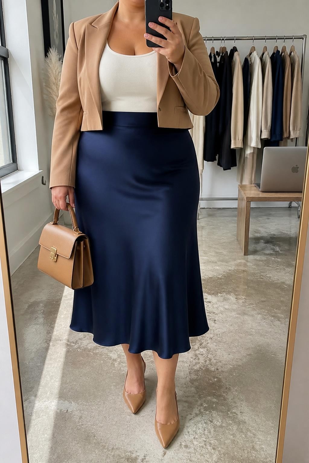 Mirror selfie of a plus size woman wearing a navy blue high-waisted satin midi skirt with a softly flared shape, a fitted cream scoop-neck tank top, a structured camel cropped blazer worn open, tan pointed kitten heels, and a structured camel handbag, clearly showing the exact clothing items, navy satin, cream top, camel blazer, footwear, and accessories listed, holding a phone in front of a mirror, cropped at the neck so her face is hidden, relaxed professional selfie stance, in a fashion studio mirror corner with natural window light, a clothing rack with garments behind her and a laptop on a bench, realistic work outfit, latest iPhone photo quality.