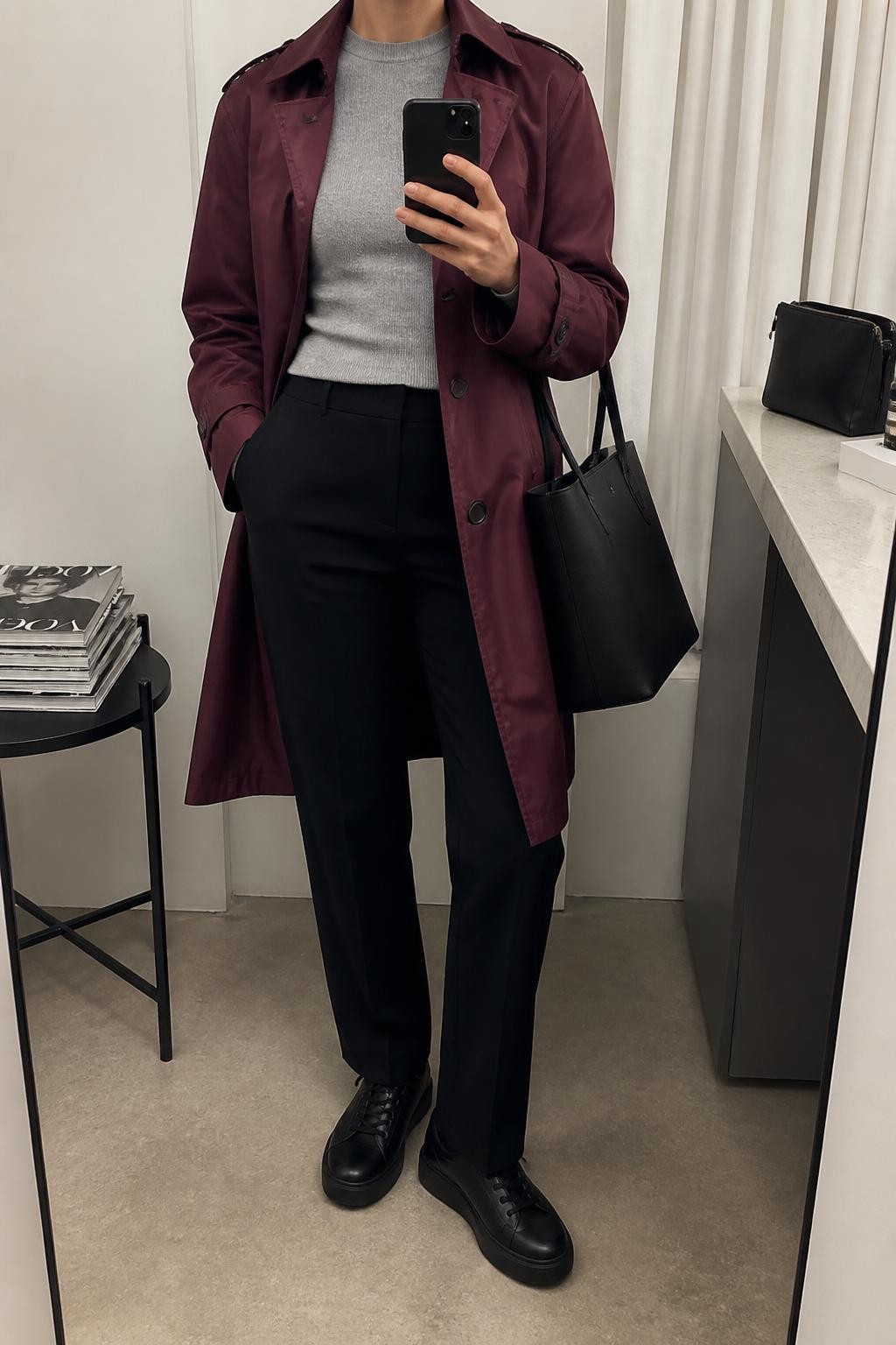mirror selfie of a woman wearing an open burgundy water-resistant trench coat over a heather gray fitted crewneck sweater, black straight-leg ponte trousers, black platform leather sneakers, and a black structured tote bag, clearly showing the exact clothing items, colors, fabrics, sneakers, and bag listed in the Outfit Pieces section, holding a phone in front of a mirror, cropped at NECK so the face does not show, relaxed city-ready selfie pose in a fashion studio mirror corner, soft indoor lighting, with a stack of fashion magazines on a side table and a cosmetic bag on the counter, realistic water-resistant cotton, knit, ponte, leather, and structured bag textures, latest iPhone photo quality