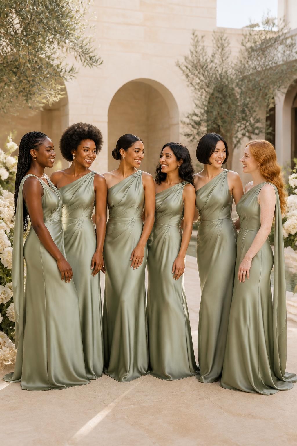 Realistic full-frame DSLR wedding photograph of six bridesmaids wearing floor-length liquid sage satin column gowns with softly draped asymmetric necklines, narrow chiffon scarves attached at one shoulder and trailing naturally down the back, diagonal gathering across the waist, and fluid skirts that skim the body without clinging tightly, women with deep ebony, rich mahogany, warm caramel, South Asian olive, East Asian light beige, and fair freckled skin tones, naturally varied ages, heights, bust sizes, and body shapes, bright beautiful faces with distinct individual features, visible pores, realistic smiles, softly glowing makeup matched to each complexion, hairstyles including knotless braids, a rounded natural afro, sleek low bun, shoulder-length curls, polished bob, and loose waves, standing in a cream limestone courtyard with ivory roses, olive trees, pale hydrangeas, and a shallow reflecting pool, late-afternoon sunlight creating believable satin highlights, natural dress creases, lightly windblown scarves, relaxed conversational poses, accurate hands and body proportions.