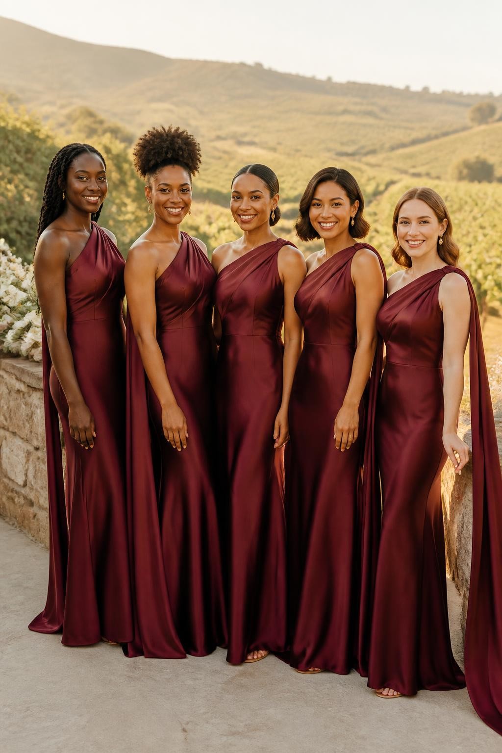 Realistic golden-hour wedding photograph of five bridesmaids wearing berry burgundy satin one-shoulder gowns with softly pleated necklines and long narrow fabric sashes falling from the shoulder, women with rich dark, reddish brown, medium brown, golden olive, and fair peach skin tones, varied heights and body shapes, bright confident faces, realistic pores and warm makeup, hairstyles including long twists, a high curly puff, sleek bun, polished bob, and loose waves, standing along a vineyard terrace with pale stone walls, green vines, cream flowers, and distant hills, gentle wind moving the shoulder sashes and skirts, warm sunlight creating natural reflections and small fabric ripples, cinematic DSLR wedding photography.