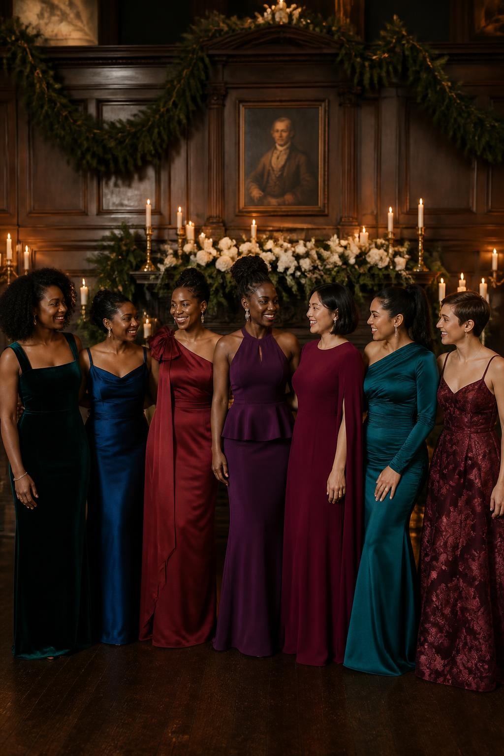 Realistic winter wedding photograph of seven bridesmaids wearing mismatched jewel-tone gowns in emerald green, sapphire blue, ruby red, amethyst purple, garnet, teal, and deep magenta, several dresses in velvet and others in matte satin, chiffon, or crepe, silhouettes including a velvet square-neck column, satin cowl gown, one-shoulder sash dress, halter peplum column, cape-sleeve gown, long-sleeved ruched design, and floral jacquard dress, women with deep ebony, dark brown, cinnamon, golden olive, East Asian light beige, tan, and fair rosy skin tones, naturally varied ages, heights, and body shapes, bright elegant faces with realistic evening makeup, hairstyles including natural curls, braids, locs, sleek buns, polished waves, pixie cuts, and ponytails, standing in a candlelit historic hall with dark wood, ivory flowers, antique brass, and evergreen garlands, rich fabrics showing realistic depth and texture.