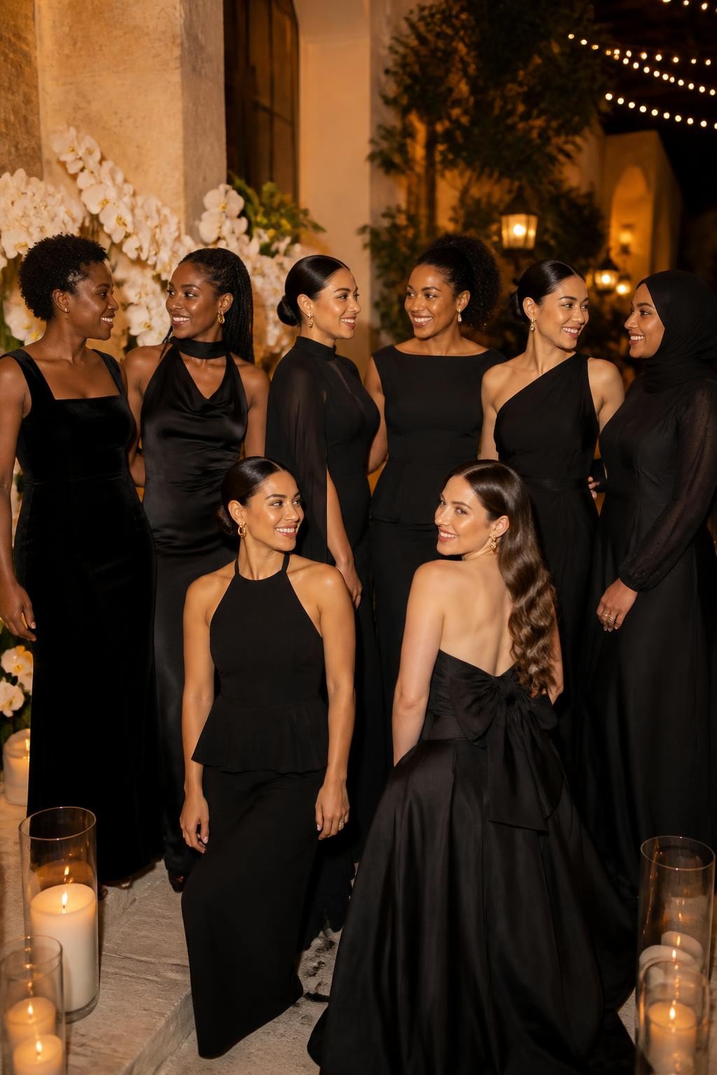 Realistic sophisticated evening wedding photograph of eight bridesmaids wearing floor-length black dresses in coordinated but different silhouettes, including a velvet square-neck column, satin scarf-neck slip, chiffon cape gown, crepe basque-waist dress, one-shoulder sash gown, sheer dotted-sleeve dress, halter peplum column, and bow-back faille gown, women with deep ebony, rich brown, reddish brown, golden olive, East Asian light beige, tan, and fair skin tones, naturally varied ages, heights, and body shapes, bright confident faces with realistic skin texture and individually suited evening makeup, hairstyles including short coils, long locs, braids, natural curls, sleek buns, polished waves, and softly wrapped hijab, standing in a candlelit courtyard with cream stone walls, white orchids, dark greenery, and warm string lights, each black fabric showing different depth and reflection, relaxed editorial grouping rather than a rigid straight line.