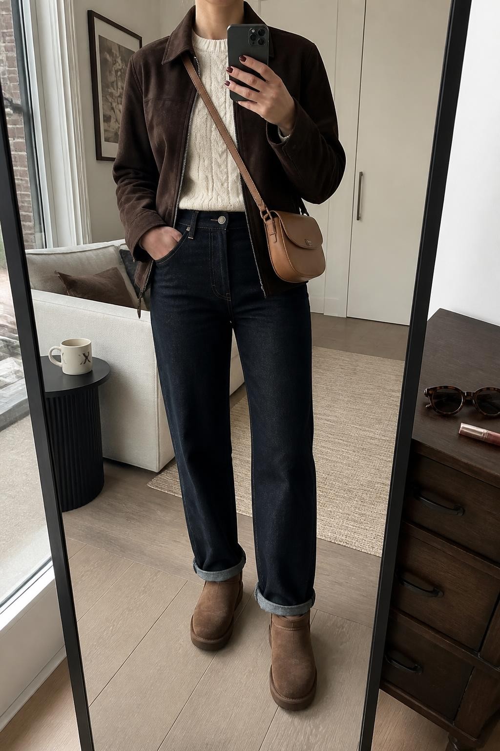 mirror selfie of a woman wearing a chocolate brown cropped suede jacket over a cream cable-knit crewneck sweater, dark-wash high-rise straight-leg jeans cuffed once above chestnut mini Ugg boots, and a tan leather crossbody bag, clearly showing the exact clothing items, colors, fabrics, boots, and bag listed in the Outfit Pieces section, holding a phone in front of a full-length mirror, cropped at NECK so the face does not show, relaxed casual selfie pose in a stylish city apartment, natural window light, with a coffee mug on a side table and sunglasses placed on a dresser, realistic suede, cable knit, denim, and leather textures, natural body posture, latest iPhone photo quality