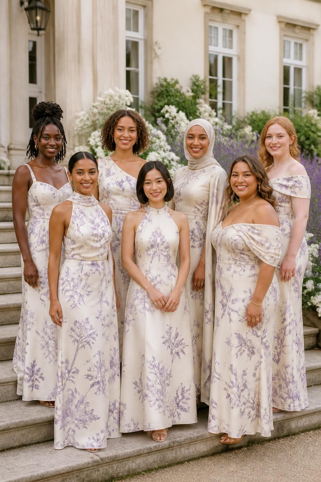 Realistic spring estate wedding photograph of seven bridesmaids wearing warm ivory dresses printed with fine lavender botanical toile illustrations featuring irises, climbing vines, small birds, wildflowers, and delicate garden scenes, silhouettes including a basque-waist A-line gown, scarf-neck satin slip, one-shoulder column, ankle-length full skirt, halter gown, cape-sleeve dress, and softly draped off-shoulder style, women with very deep brown, rich brown, reddish brown, golden tan, South Asian olive, East Asian fair, and pale freckled skin tones, naturally varied ages, heights, and body shapes, bright beautiful faces with individual features and realistic skin texture, hairstyles including coils, locs, braids, polished bobs, sleek buns, soft waves, and a neatly wrapped hijab, standing on the steps of a cream manor surrounded by white roses and lavender borders, diffused daylight showing the fine print clearly and preserving natural skin tones.