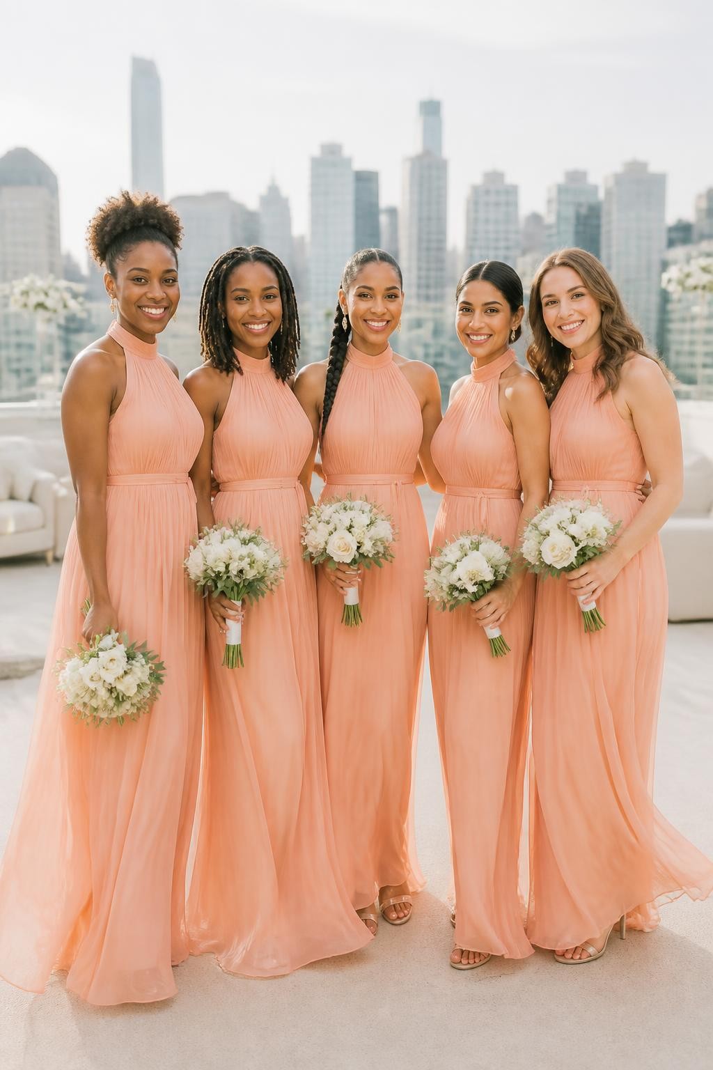 Realistic contemporary wedding photograph of five bridesmaids wearing soft pastel coral chiffon halter gowns with gathered high necklines, fine vertical pleats through the bodices and skirts, and narrow waist ties, women with deep neutral brown, warm mahogany, medium golden, South Asian olive, and fair complexions, different shoulder widths, ages, and body shapes, bright expressive faces with realistic under-eye texture and individually suited makeup, hairstyles including high curly puff, shoulder-length locs, braided ponytail, sleek low bun, and loose waves, standing on a modern rooftop terrace with pale concrete, cream furniture, glass railings, white flowers, and a softly blurred skyline, late-afternoon sunlight passing naturally through the pleated chiffon, believable skirt movement and crisp DSLR detail.