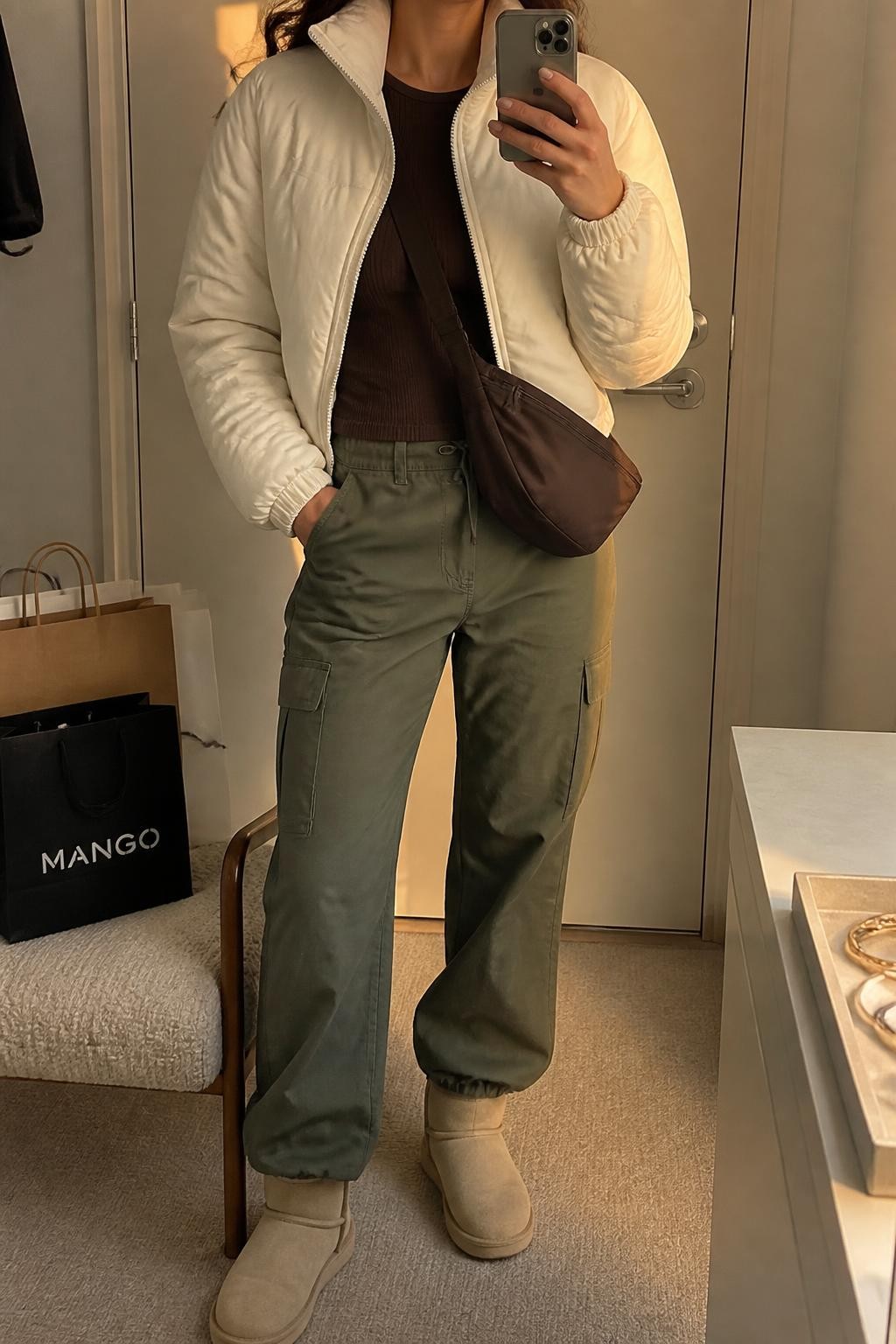 mirror selfie of a woman wearing an open cream cropped quilted puffer jacket over a chocolate fitted long-sleeve knit top, olive relaxed straight-leg cargo pants gathered slightly above cream ultra mini Ugg boots, and a dark brown nylon crossbody bag, clearly showing the exact clothing items, colors, fabrics, boots, and bag listed in the Outfit Pieces section, holding a phone in front of a mirror, cropped at NECK so the face does not show, relaxed casual selfie pose in a minimal dressing room, evening golden hour light, with shopping bags beside a chair and a jewelry tray on a counter, realistic quilting, knit, cotton cargo fabric, suede, and nylon textures, latest iPhone photo quality