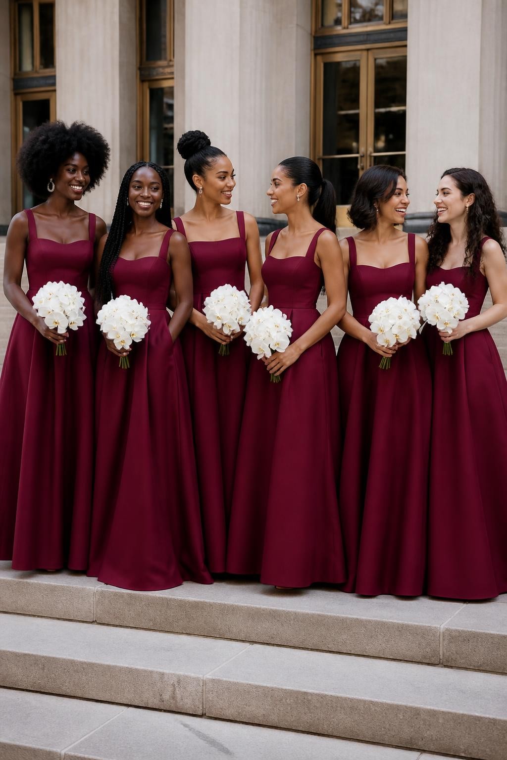 Realistic fashion-forward wedding portrait of six bridesmaids wearing cranberry burgundy matte crepe gowns with softly structured corset bodices, square necklines, curved basque waists, and full floor-length skirts with discreet pockets, women with deep ebony, cool dark brown, cinnamon, golden tan, light olive, and porcelain skin tones, different bust sizes and body proportions represented naturally, bright joyful faces with individual features, realistic makeup and small flyaway hairs, hairstyles including a voluminous afro, waist-length braids, sculptural bun, sleek ponytail, layered bob, and loose curls, photographed on broad sandstone steps outside a grand city venue, holding compact ivory orchid bouquets, clear morning light showing visible seams, natural fabric weight, and believable creasing around the waist, high-detail DSLR fashion photography.