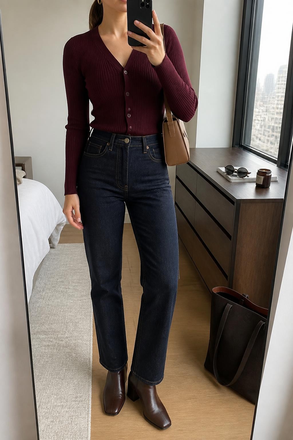 Mirror selfie of a woman wearing a fitted burgundy ribbed button-front cardigan, dark indigo high-waisted straight-leg jeans, chocolate-brown leather ankle boots, a structured tan shoulder bag, and small gold hoop earrings, clearly showing the exact clothing items, colors, fabrics, and accessories listed, holding a phone in front of a stylish city apartment mirror, cropped at the neck so the face does not show, relaxed casual selfie pose, natural window light, sunglasses placed on a dresser and a tote bag resting on the floor, natural and uncluttered, latest iPhone photo quality.