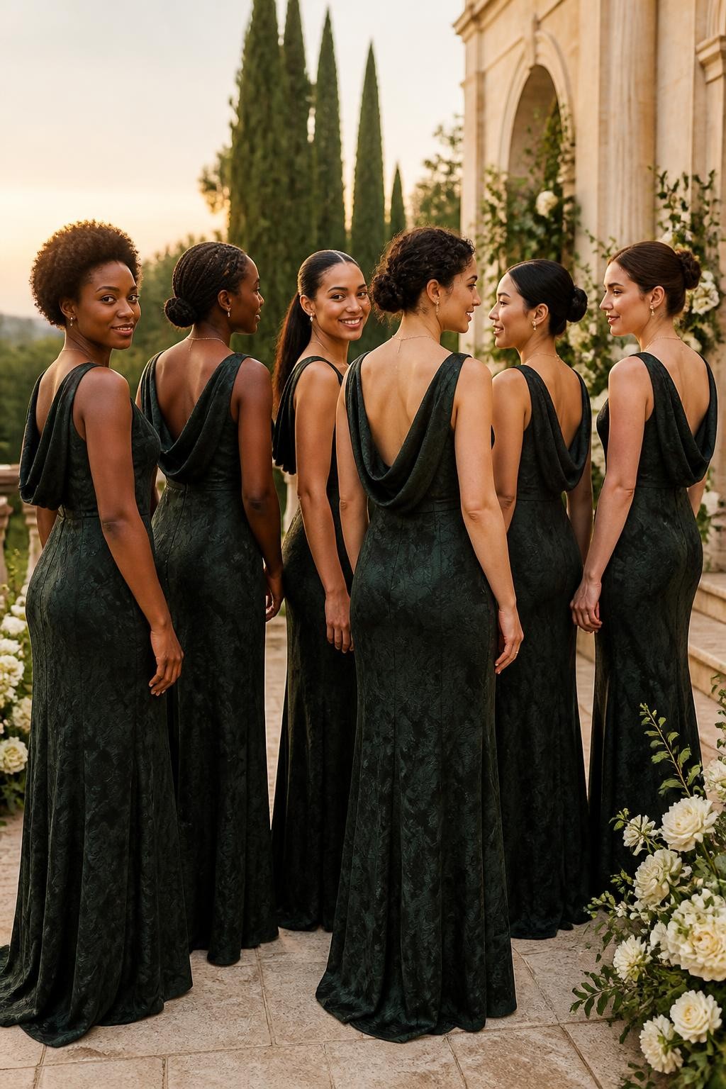 Realistic elegant wedding photograph of six bridesmaids wearing Black-Green Jacquard Dresses With Pointed Waists, fluid column skirts, and deep draped cowl backs falling between the shoulder blades, women with very deep brown, rich mahogany, warm caramel, olive, East Asian light beige, and fair rosy complexions, naturally varied heights, ages, and body types, bright poised faces with realistic skin texture, hairstyles lifted into braided buns, natural puffs, sleek ponytails, short curls, and smooth chignons to reveal the back details, photographed from balanced front, side, and rear angles on the terrace of a cream-stone estate with ivory flowers and warm sunset light, authentic crepe texture, natural folds, and relaxed posture.