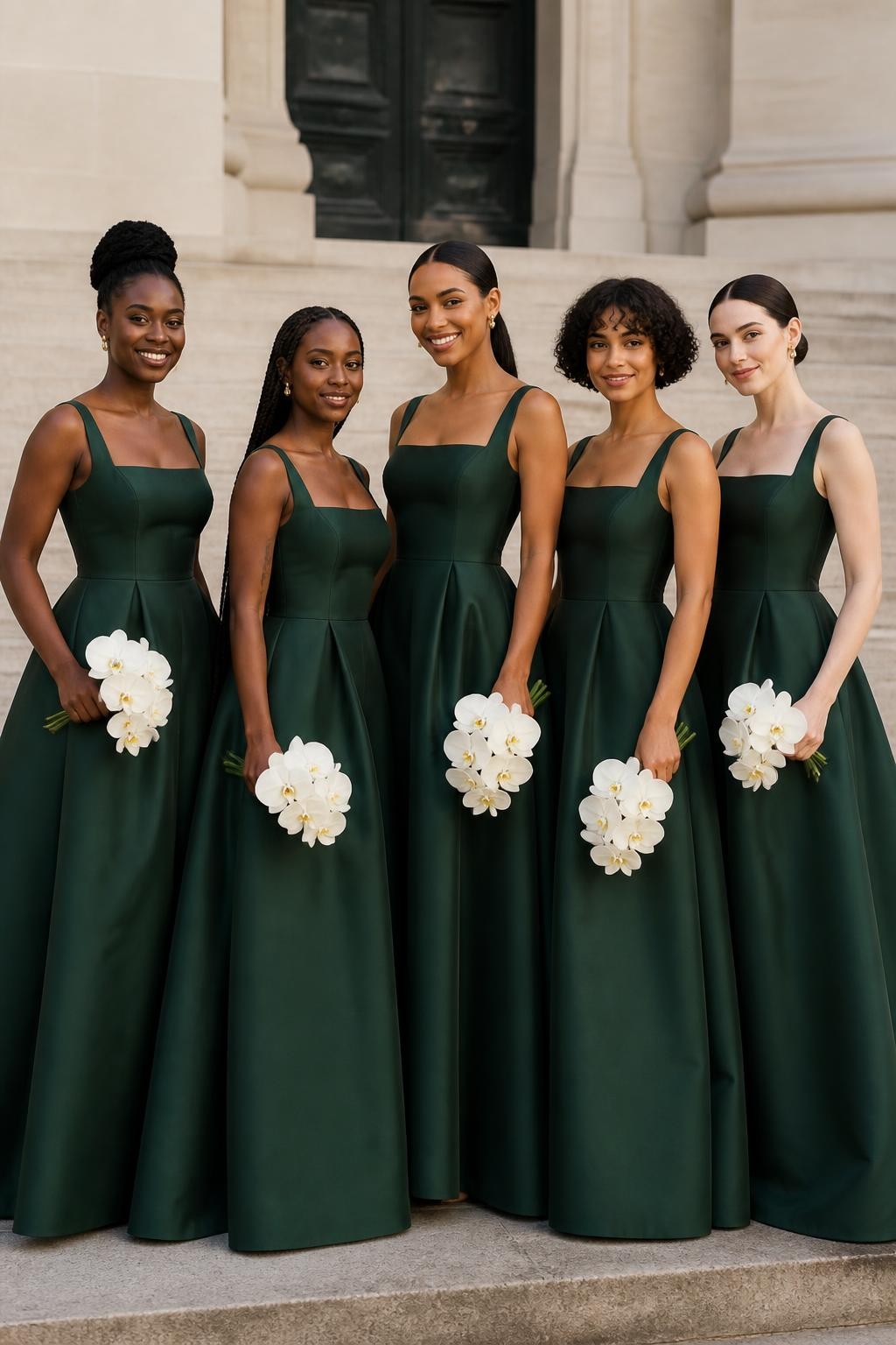 Realistic fashion-forward wedding portrait of five bridesmaids wearing structured bottle green silk-faille gowns with softly corseted bodices, wide square necklines, curved basque waists, and full floor-length skirts with hidden side pockets, women with very deep brown, cool dark brown, cinnamon, golden tan, and pale neutral skin tones, different torso lengths, bust sizes, and body proportions represented naturally, bright joyful faces with individual features, realistic pores and small flyaway hairs, hairstyles including a sculpted natural updo, waist-length braids, glossy ponytail, short curly bob, and smooth chignon, photographed on broad pale-stone steps outside a historic city venue, holding compact ivory orchid bouquets, crisp morning light revealing precise seams, the matte green finish, realistic fabric stiffness, and deep natural skirt folds.