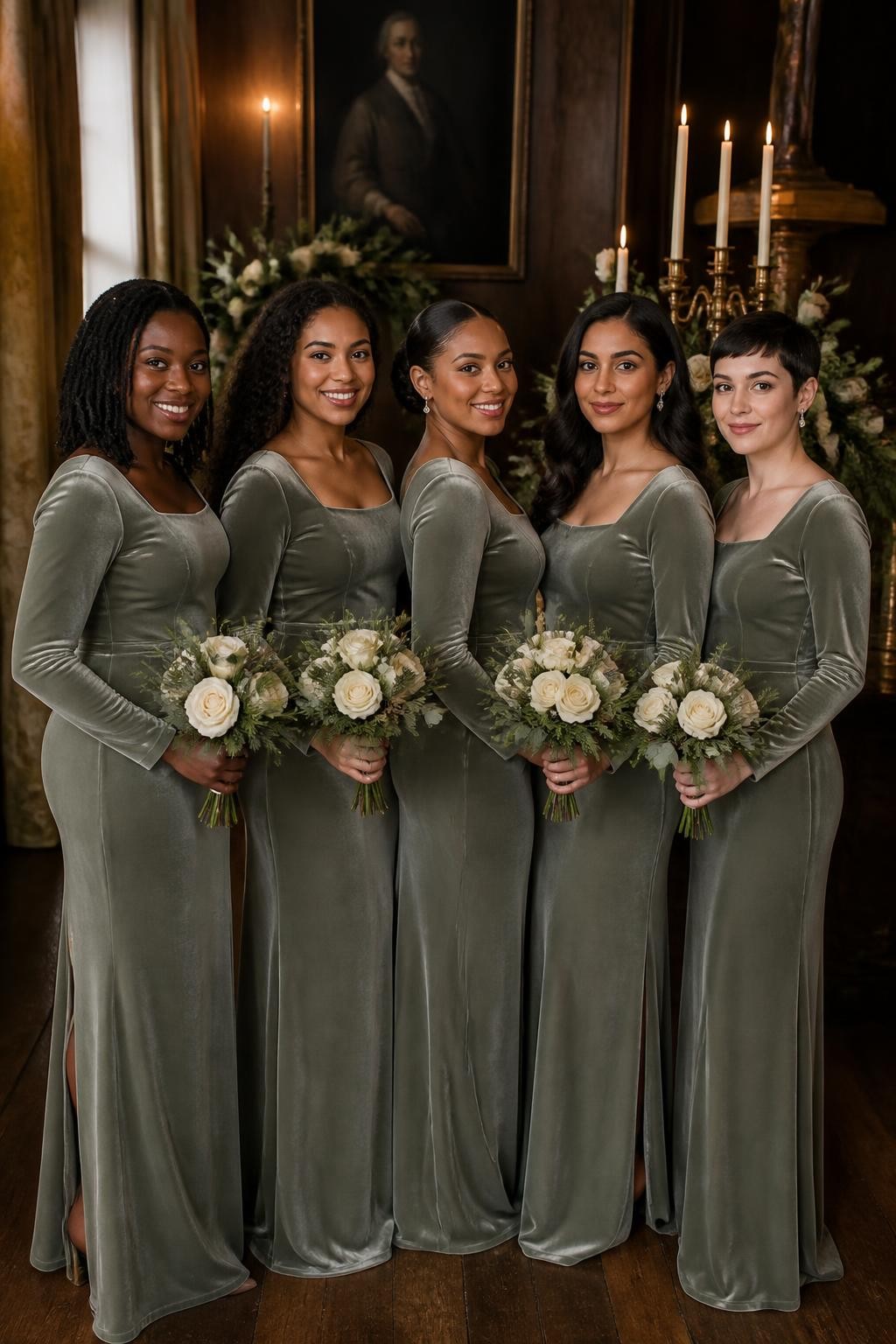 Realistic cool-season wedding portrait of five bridesmaids wearing smoky sage velvet column gowns with wide square necklines, fitted waists, long sleeves, and subtle back slits, women with very deep brown, warm mahogany, medium golden, olive, and pale rosy skin tones, bright elegant faces with realistic pores and softly defined makeup, hairstyles including shoulder-length locs, sculpted curls, low braided bun, glossy waves, and short pixie cut, standing inside a historic reception hall with dark wood walls, ivory taper candles, cream roses, antique brass details, and evergreen foliage, warm side lighting revealing the velvet pile and natural changes between sage, grey, and muted olive, believable creases at the elbows and waist, naturally posed hands and authentic fabric weight.