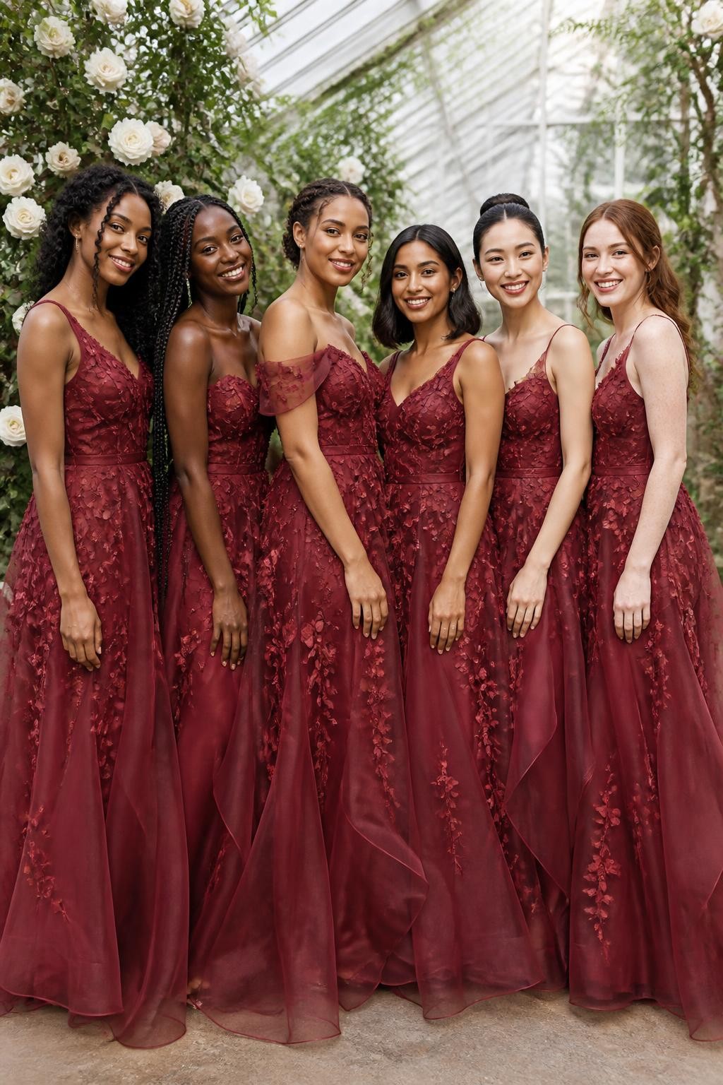 Realistic greenhouse wedding portrait of six bridesmaids wearing garnet red organza gowns with delicate three-dimensional flower and vine appliqués scattered across fitted bodices and layered skirts, necklines varying subtly between narrow straps, soft scoop, and off-shoulder shapes, women with deep mahogany, rich brown, medium golden, South Asian olive, East Asian fair, and pale freckled skin tones, bright joyful faces, visible natural skin texture and fresh makeup, hairstyles including springy curls, box braids, twisted updo, polished bob, smooth bun, and loose waves, standing inside a glass botanical greenhouse filled with white roses, climbing greenery, ferns, and diffused daylight, translucent organza layers catching light naturally, appliqué petals casting tiny realistic shadows, believable fabric edges and movement.