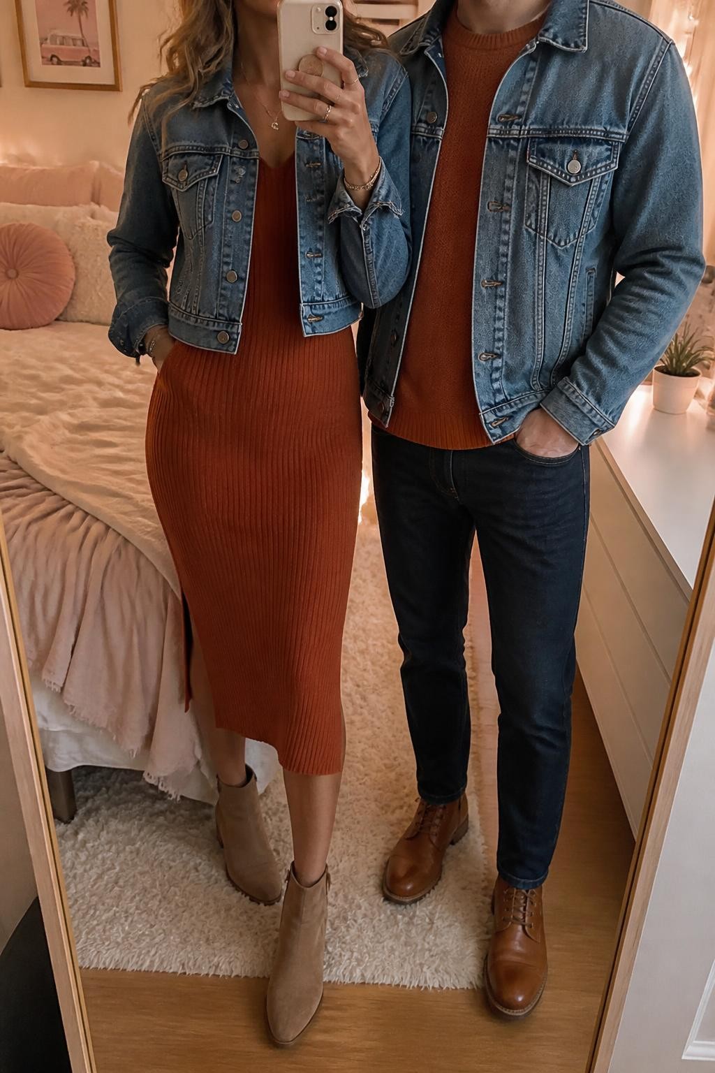 mirror selfie of a stylish couple wearing coordinated denim and rust fall outfits, the woman wearing an open medium-wash cropped denim jacket over a rust ribbed knit midi dress with tan suede ankle boots, the man wearing an open medium-wash classic denim jacket over a rust crewneck sweater, dark indigo jeans, and tan leather boots, clearly showing the exact clothing items, colors, fabrics, and footwear listed in the Outfit Pieces section, the woman holding a phone in front of the mirror while the man stands beside her, both cropped at NECK so their faces do not show, relaxed casual couple pose in a feminine-themed bedroom, evening golden hour light, with soft pillows on an unmade bed and a small plant on a dresser, realistic denim, ribbed knit, sweater knit, suede, and leather textures, latest iPhone photo quality