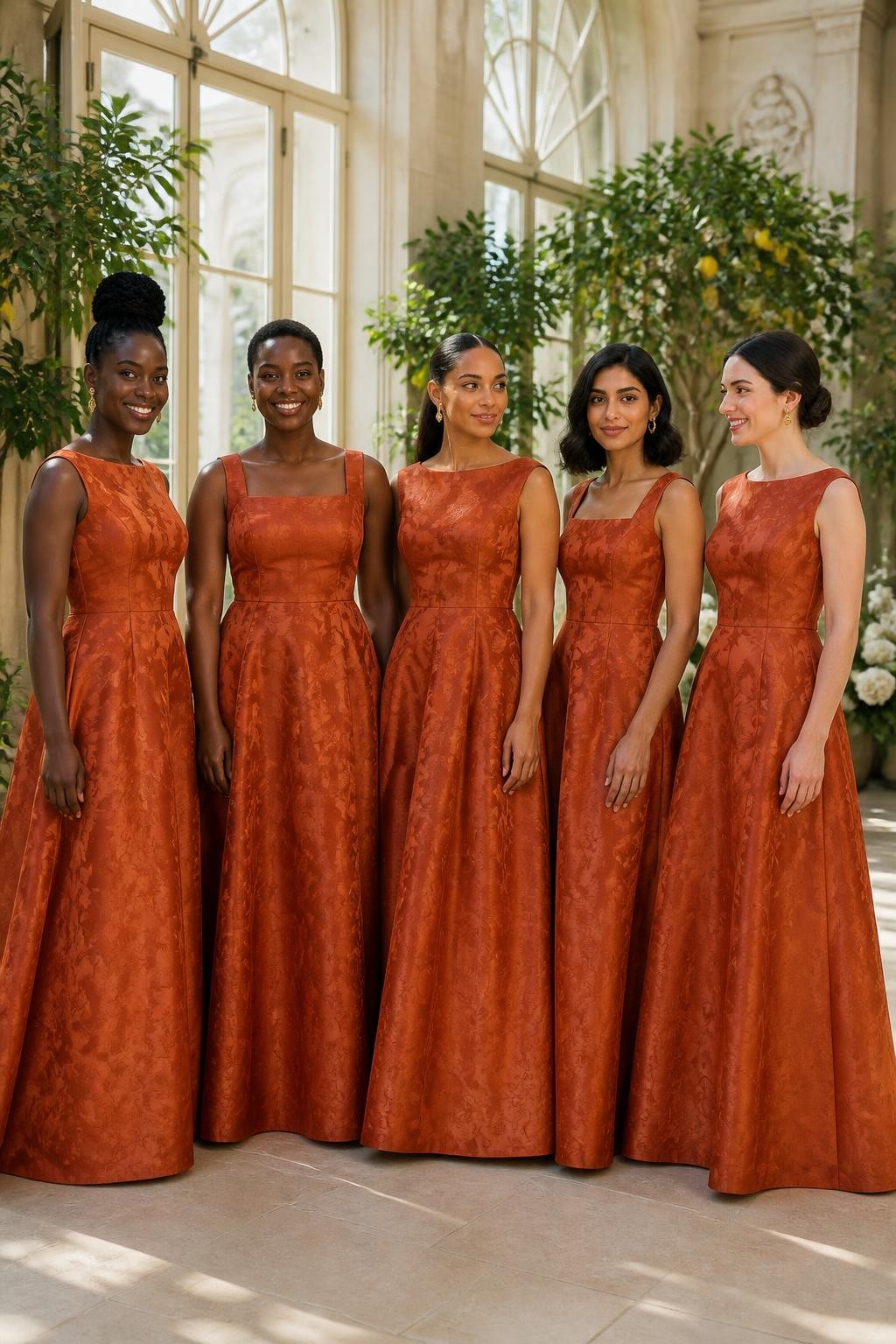 Realistic formal daytime wedding portrait of five bridesmaids wearing burnt orange jacquard gowns with tonal woven botanical patterns, fitted bateau and square-neck bodices, softly pointed waists, and sweeping A-line skirts, women with deep cool brown, rich warm brown, caramel, South Asian olive, and pale neutral complexions, naturally varied ages, heights, and body shapes, bright poised faces with distinctive features and realistic makeup, hairstyles including a high braided bun, cropped coils, glossy ponytail, shoulder-length waves, and classic chignon, standing inside a bright orangery with tall windows, potted citrus trees, cream flowers, and pale limestone flooring, angled sunlight revealing the woven leaves and blossoms without excessive shine, realistic fabric stiffness and deep skirt folds.