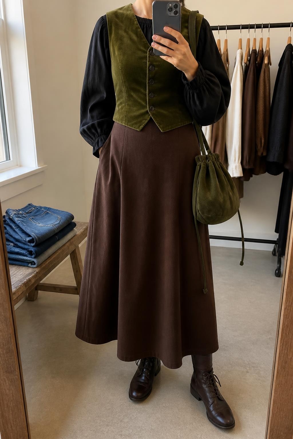 mirror selfie of a woman wearing a buttoned olive green fitted velvet vest over a black cotton peasant blouse with gathered sleeves tucked into a chocolate brown A-line maxi skirt, dark brown leather lace-up boots, and an olive suede drawstring bag, clearly showing the exact clothing items, colors, fabrics, boots, and bag listed in the Outfit Pieces section, holding a phone in front of a mirror, cropped at NECK so the face does not show, relaxed vintage-inspired selfie pose in a minimal dressing room, natural window light, with folded denim jeans on a bench and a clothing rack with garments behind her, realistic velvet, cotton, skirt fabric, leather, and suede textures, latest iPhone photo quality