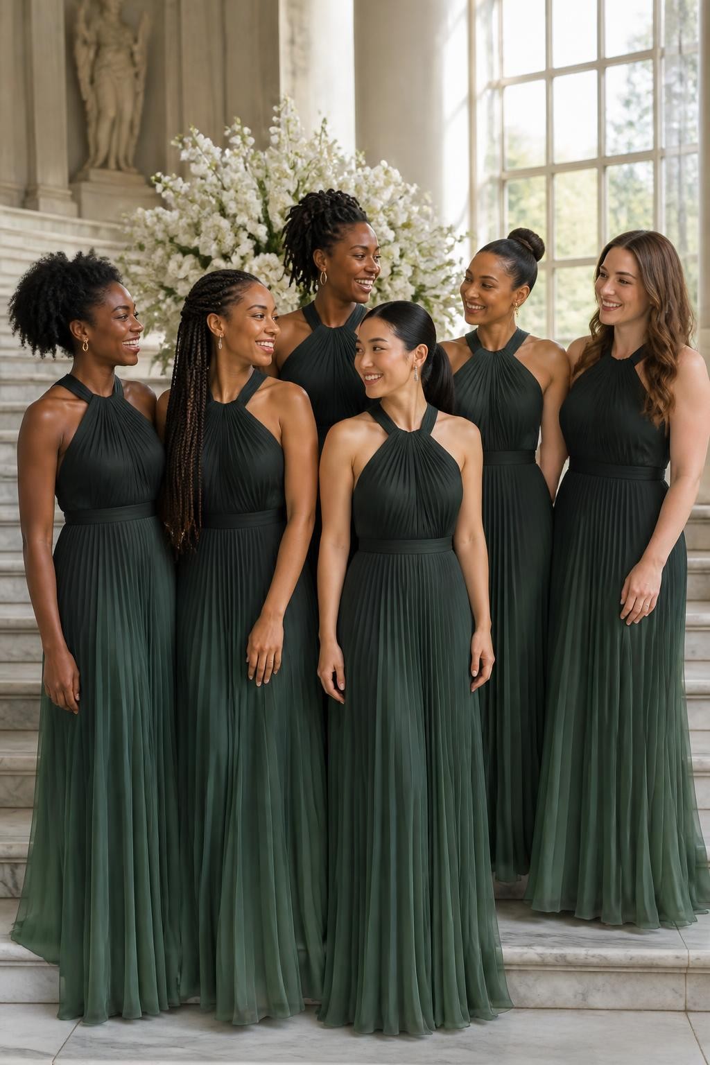Realistic artistic wedding photograph of six bridesmaids wearing fine pleated chiffon gowns with subtle color transitions beginning in black-green around the neck and shoulders before gradually brightening into deep forest green near the lower skirts, asymmetric and softly gathered halter necklines, fitted waistbands, and fluid floor-length hems, women with deep ebony, rich brown, warm caramel, olive, East Asian light beige, and fair rosy complexions, naturally varied ages, heights, and body shapes, bright beautiful faces with realistic smiles, hairstyles including natural coils, long braids, locs, glossy ponytail, smooth bun, and loose waves, standing on a wide marble staircase inside a light-filled museum, sculptural ivory flowers and tall windows behind them, soft daylight showing smooth color transitions, believable chiffon transparency, crisp pleat texture, and natural skirt movement.