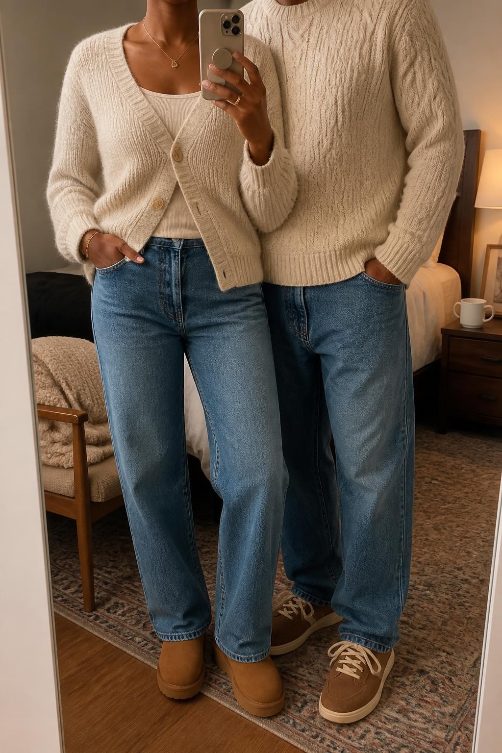 mirror selfie of a Black couple wearing coordinated oatmeal knitwear and blue denim, the woman wearing an oatmeal chunky V-neck cardigan buttoned halfway over a cream fitted top, medium-wash straight-leg jeans, and chestnut mini boots, the man wearing an oatmeal cable-knit crewneck sweater, medium-wash relaxed jeans, and brown suede sneakers, clearly showing the exact clothing items, colors, fabrics, and footwear listed in the Outfit Pieces section, the woman holding a phone while the man stands beside her, both cropped at NECK so their faces do not show, relaxed casual couple pose in a cozy bedroom mirror setup, warm moody lighting, with a folded blanket on a chair and a coffee mug on a bedside table, realistic chunky knit, cable knit, denim, suede, and leather textures, latest iPhone photo quality