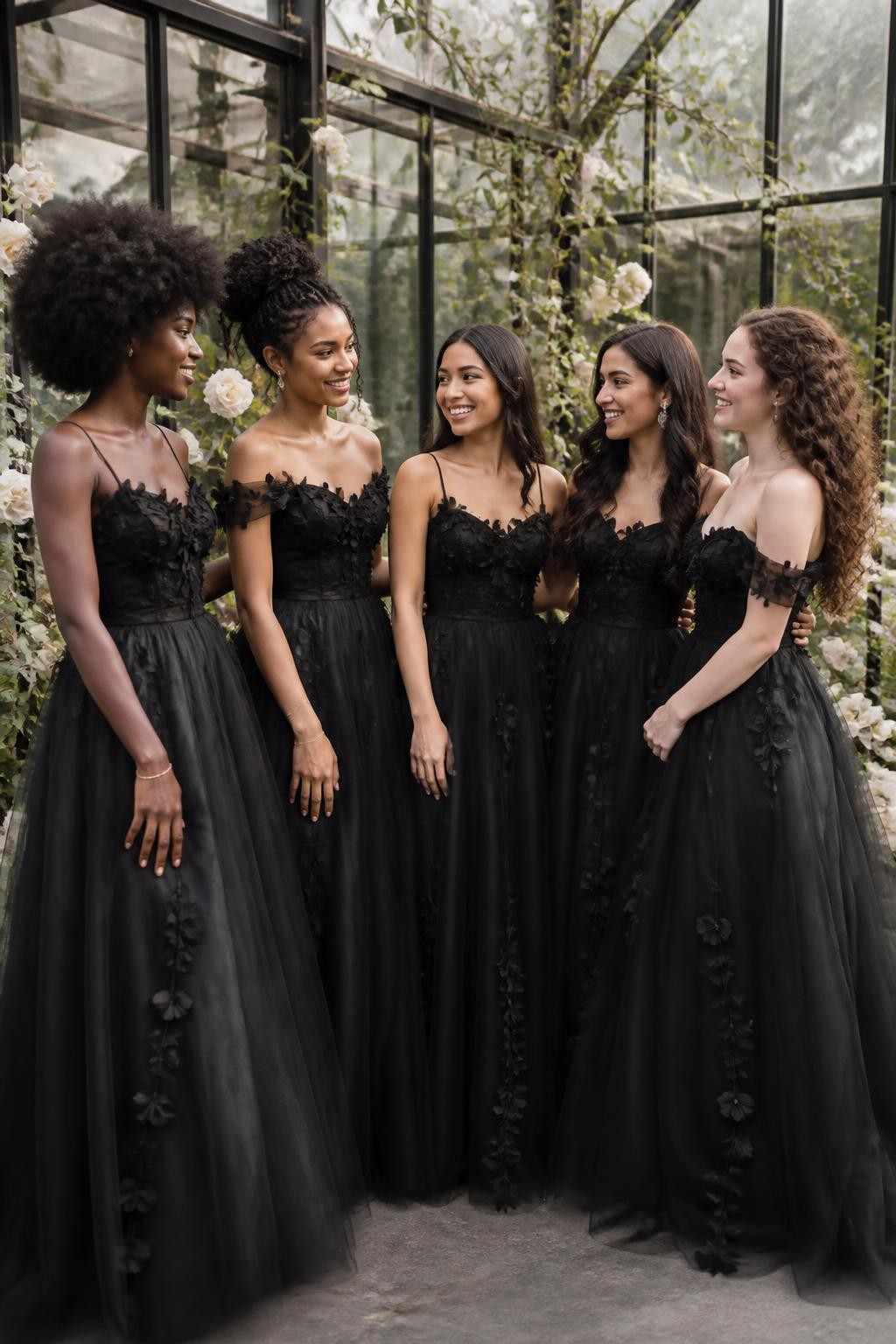 Realistic outdoor wedding image of five bridesmaids wearing black tulle gowns decorated with scattered three-dimensional black floral appliqués across the bodices and lower skirts, some dresses with narrow straps and others with soft off-shoulder necklines, women with dark mahogany, golden brown, tan, olive, and porcelain skin tones, bright happy faces with distinct features, natural makeup and realistic skin highlights, hairstyles including a textured afro, twisted updo, long straight hair, and loose curls, standing in a romantic greenhouse filled with white roses, climbing vines, and glass panels, soft diffused daylight passing through the tulle, appliqué petals casting tiny realistic shadows, detailed editorial photography with natural spacing and poses.