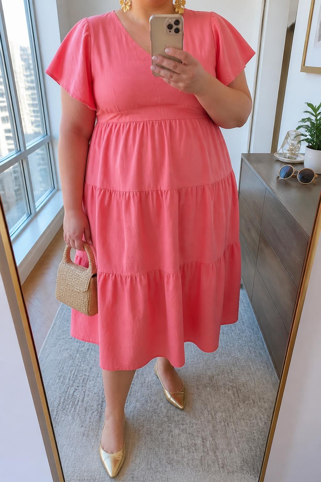 Mirror selfie of a plus size woman wearing a coral pink cotton midi dress with short flutter sleeves, a V-neckline, a fitted empire waist, and a softly tiered skirt, metallic gold pointed flats, a natural woven mini bag, and delicate gold floral earrings, clearly showing the exact dress, coral cotton, tiered shape, gold footwear, woven bag, and accessories listed, holding a phone in front of a mirror, cropped at the neck so the face does not appear, relaxed cheerful selfie pose, in a stylish city apartment with natural window light, sunglasses placed on a dresser and a small plant nearby, realistic warm-weather baby shower outfit, latest iPhone photo quality.
