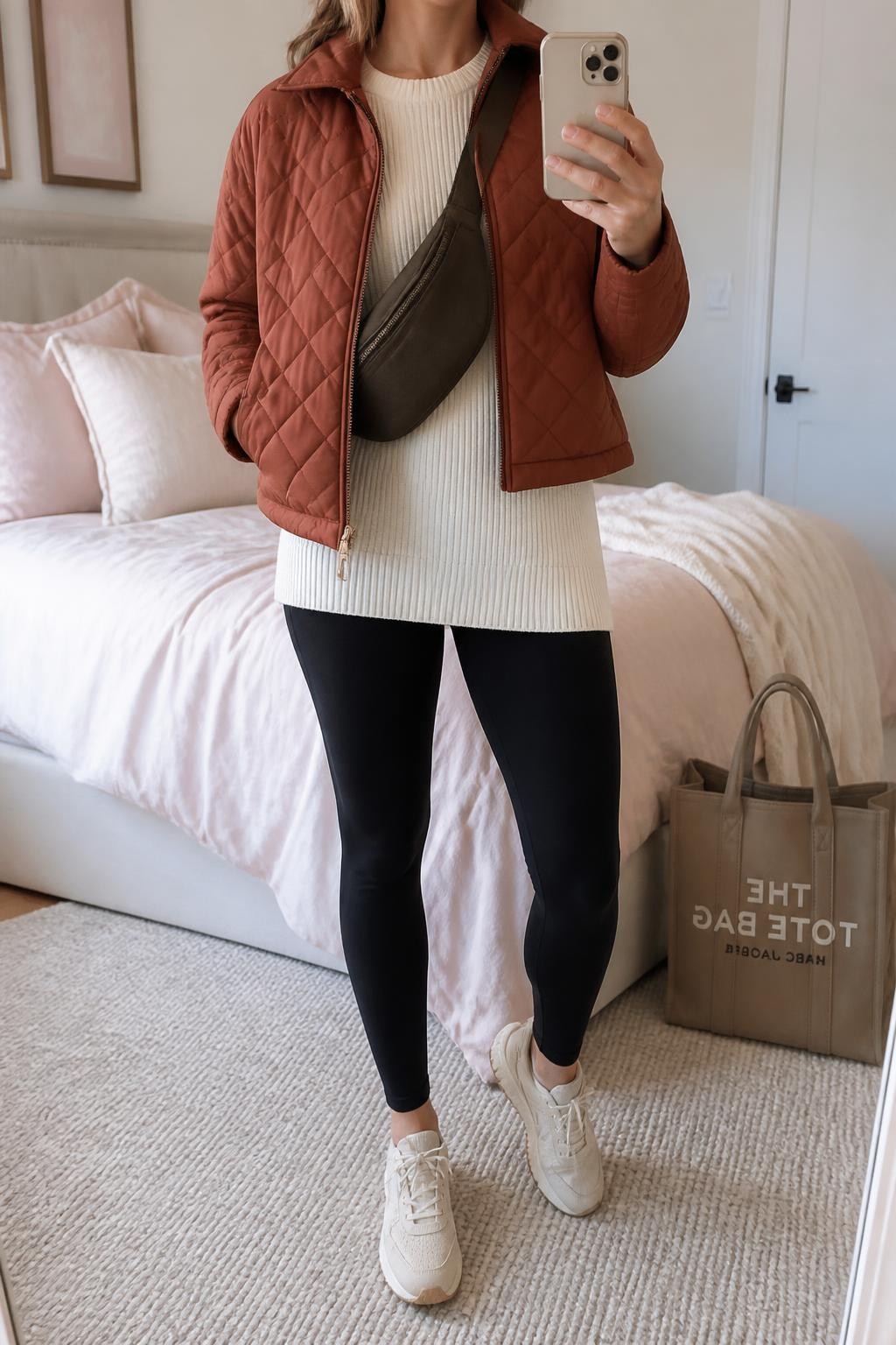 mirror selfie of a woman wearing an open rust diamond-quilted cropped jacket over a cream longline ribbed sweater, black high-waisted ponte leggings, beige cushioned sneakers, and a chocolate nylon belt bag worn crossbody, clearly showing the exact clothing items, colors, fabrics, sneakers, and bag listed in the Outfit Pieces section, holding a phone in front of a mirror, cropped at NECK so the face does not show, relaxed sporty selfie pose in a feminine-themed bedroom, soft indoor lighting, with soft pillows on an unmade bed and a tote bag resting on the floor, realistic quilting, ribbed knit, ponte, nylon, and sneaker textures, latest iPhone photo quality
