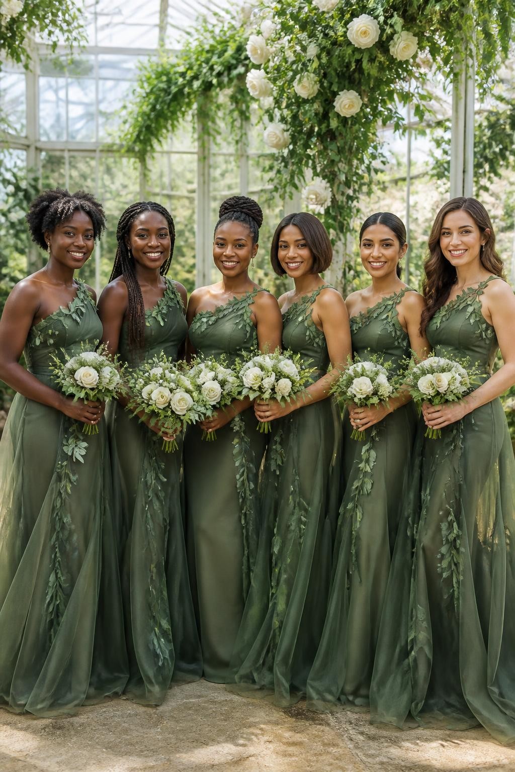 Realistic greenhouse wedding portrait of six bridesmaids wearing deep moss green organza gowns with handmade three-dimensional leaves and delicate vine appliqués placed asymmetrically over one shoulder and lightly across the upper skirts, fitted opaque bodices, softly shaped waists, and airy layered floor-length skirts, women with deep mahogany, rich brown, reddish brown, medium golden, South Asian olive, and fair peach skin tones, naturally varied ages and body proportions, bright beautiful faces with individual smiles and realistic highlights, hairstyles including springy coils, long braids, twisted updo, polished bob, smooth bun, and loose waves, standing inside a glass botanical greenhouse filled with white roses, climbing greenery, ferns, and diffused daylight, translucent green organza catching the light softly, appliqué leaves casting tiny natural shadows, visible hand-finished edges, and gentle skirt movement.