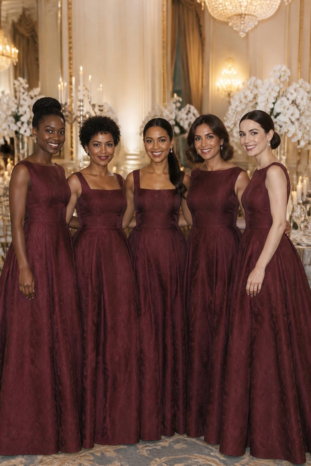 Realistic formal ballroom wedding portrait of five bridesmaids wearing burgundy jacquard ball gowns with subtle woven botanical patterns, structured bateau and square necklines, defined waists, and full floor-length skirts, women with deep cool brown, rich warm brown, caramel, olive, and porcelain complexions, different ages, heights, and body shapes, bright poised faces with natural makeup, hairstyles including a high braided bun, short sculpted curls, glossy ponytail, shoulder-length waves, and a classic chignon, standing inside an elegant ballroom with ivory walls, antique chandeliers, candlelit tables, and white orchid arrangements, directional light revealing the woven pattern without excessive shine, realistic fabric weight and deep natural skirt folds, luxurious DSLR editorial photography.