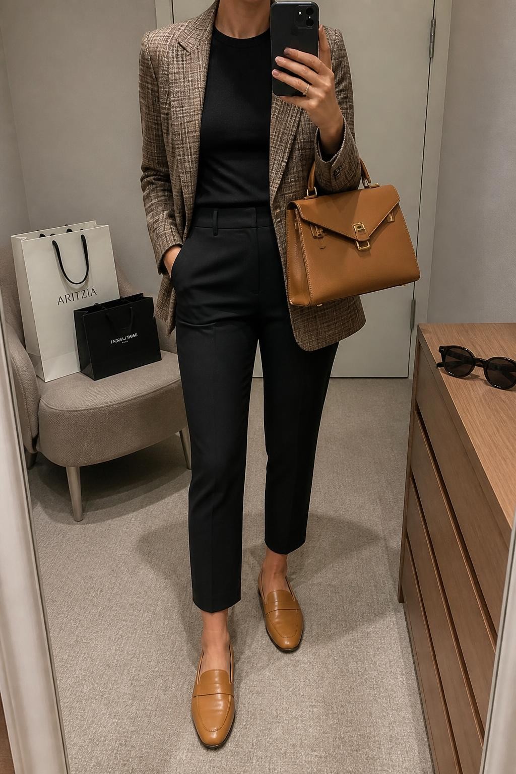 mirror selfie of a woman wearing an open brown and tan plaid wool-blend blazer over a black fitted crewneck knit top, black ankle-length cigarette trousers, tan leather loafers, and a tan top-handle work bag, clearly showing the exact clothing items, colors, pattern, fabrics, shoes, and bag listed in the Outfit Pieces section, holding a phone in front of a mirror, cropped at NECK so the face does not show, relaxed confident selfie pose in a minimal dressing room, warm moody lighting, with shopping bags beside a chair and sunglasses on a dresser, realistic wool, knit, trouser, and leather textures, latest iPhone photo quality