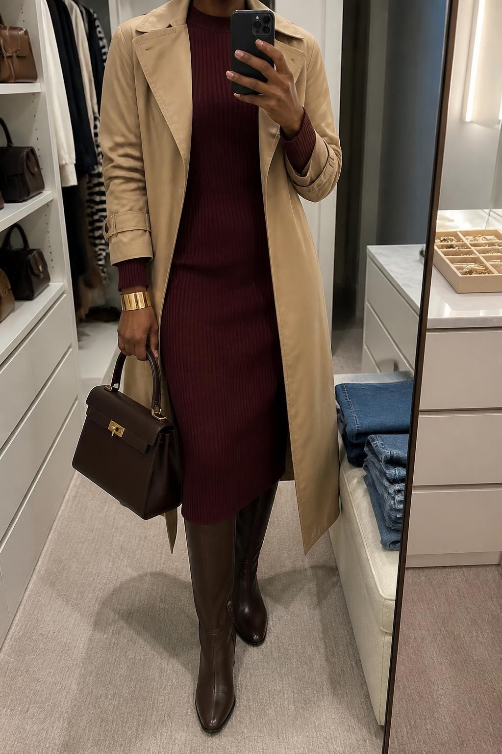 mirror selfie of a Black woman wearing a camel water-resistant cotton trench coat partly open with the belt tied loosely behind her over a burgundy ribbed long-sleeve midi dress, dark brown leather knee-high boots, a chocolate structured top-handle bag, and a brushed gold cuff bracelet, clearly showing the exact clothing items, colors, fabrics, boots, bag, and bracelet listed in the Outfit Pieces section, holding a phone in front of a mirror, cropped at NECK so the face does not show, relaxed polished selfie pose in a walk-in closet mirror, soft indoor lighting, with folded denim jeans on a bench and a jewelry tray on the vanity, realistic cotton, ribbed knit, and leather textures, latest iPhone photo quality