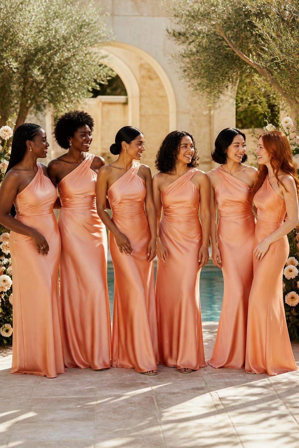 Realistic full-frame DSLR wedding photograph of six bridesmaids wearing floor-length peach sorbet liquid-satin gowns with softly twisted asymmetrical necklines, diagonal draping across the bodices, gently gathered waists, and fluid column skirts that skim without clinging tightly, women with deep ebony, rich mahogany, warm caramel, South Asian olive, East Asian light beige, and fair freckled skin tones, naturally varied ages, heights, bust sizes, and body shapes, bright beautiful faces with distinct features, realistic pores, natural smiles, and soft makeup suited to every complexion, hairstyles including long knotless braids, a rounded natural afro, sleek low bun, shoulder-length curls, polished bob, and loose waves, standing in a sunlit cream-stone courtyard with ivory roses, peach ranunculus, olive trees, and a shallow reflecting pool, late-afternoon light creating believable highlights and subtle wrinkles across the satin, relaxed conversation, accurate hands, and natural posture.