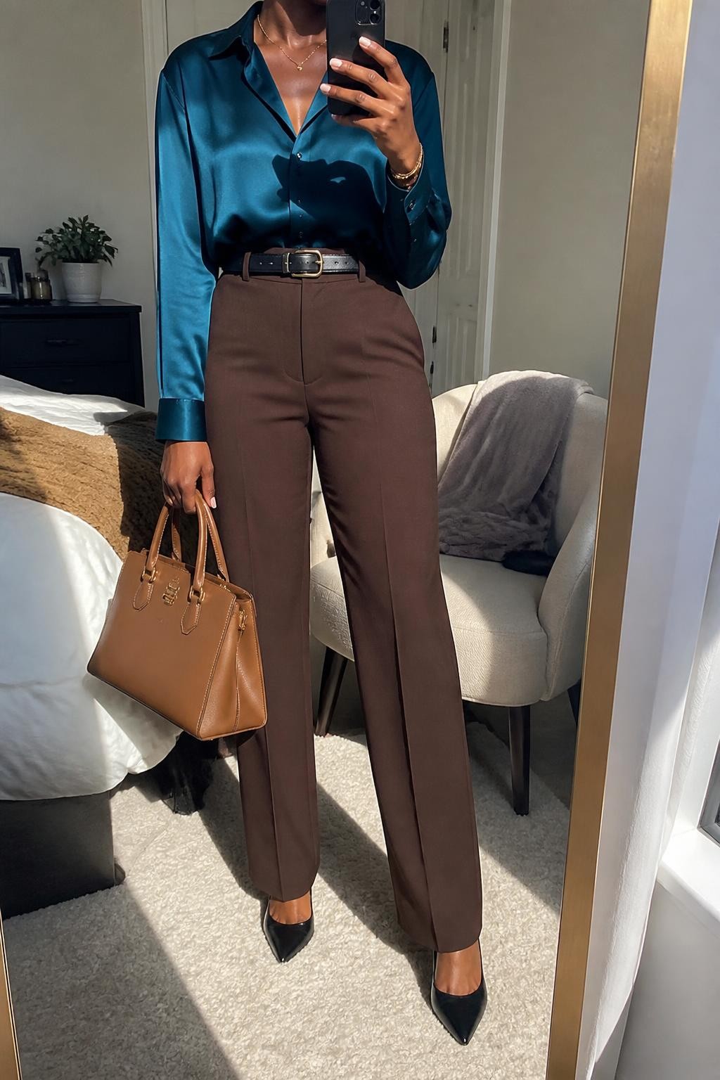 Mirror selfie of a Black woman wearing high-waisted espresso-brown straight-leg trousers, a deep teal satin blouse with long sleeves, a slim black leather belt, black pointed-toe pumps, and a structured tan handbag, clearly showing the exact clothing items, colors, fabrics, and accessories listed, holding a phone in front of a cozy bedroom mirror setup, cropped at the neck so the face does not show, relaxed confident selfie pose, natural window light, a folded blanket on a chair and a small plant on a dresser, polished lived-in environment, latest iPhone photo quality.