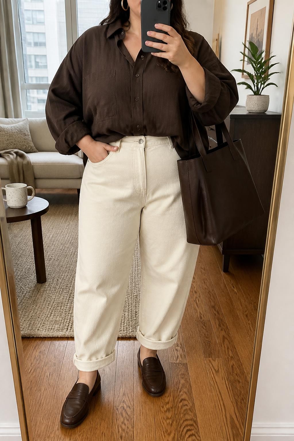 Mirror selfie of a plus size woman wearing an oversized chocolate brown cotton button-down shirt tucked loosely at the front into ecru high-waisted barrel-leg jeans, dark brown leather loafers, a structured chocolate tote bag, and hammered gold hoop earrings, clearly showing the exact clothing items, chocolate cotton, ecru denim, footwear, and accessories listed, holding a phone in front of a mirror, cropped at the neck so the face does not show, relaxed sophisticated selfie pose, in a stylish city apartment with soft indoor lighting, a coffee mug on a side table and a small plant on a dresser, realistic casual work outfit, latest iPhone photo quality.