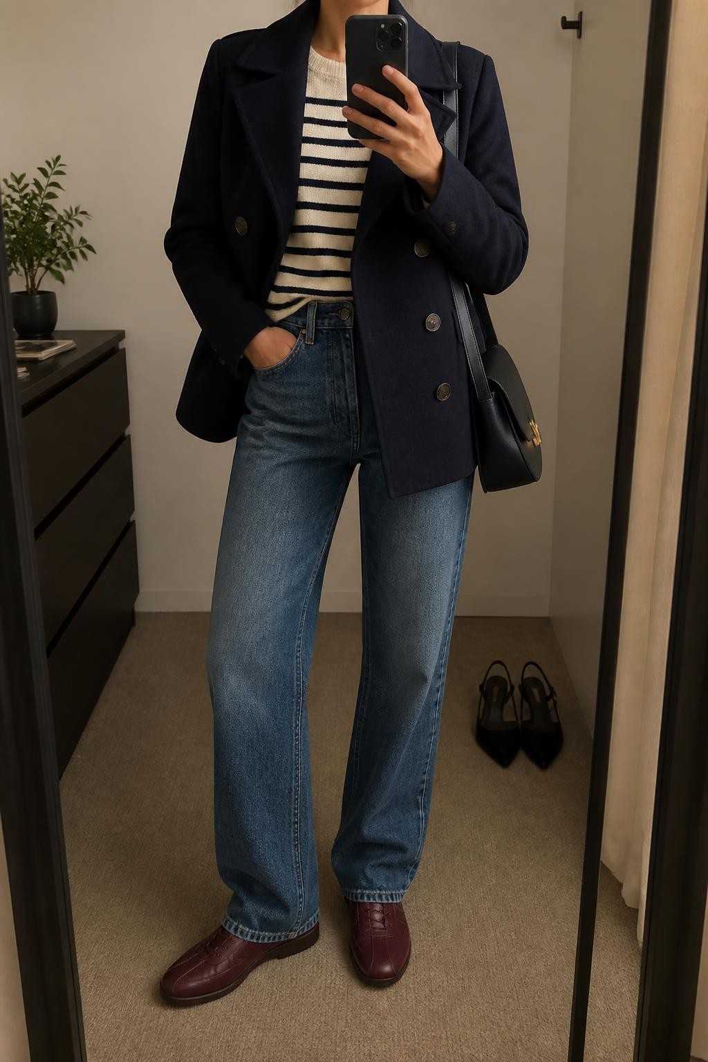 mirror selfie of a woman wearing an open navy double-breasted wool-blend peacoat over a cream and navy striped fine-knit sweater, medium-wash high-rise straight-leg jeans, burgundy leather court sneakers, and a navy structured shoulder bag, clearly showing the exact clothing items, colors, striped pattern, fabrics, sneakers, and bag listed in the Outfit Pieces section, holding a phone in front of a mirror, cropped at NECK so the face does not show, relaxed preppy selfie pose in a minimal dressing room, warm moody lighting, with a pair of heels on the floor nearby and a small plant on a dresser, realistic wool, fine knit, denim, and leather textures, latest iPhone photo quality