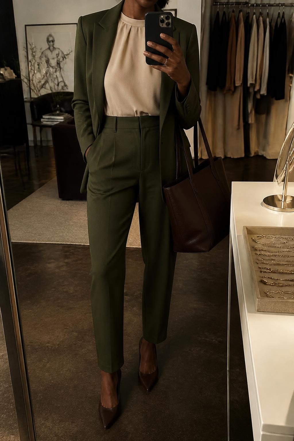 Mirror selfie of a Black woman wearing a tailored olive-green blazer, matching high-waisted tapered trousers, a soft beige blouse with a simple round neckline, dark brown leather pumps, and a structured chocolate-brown tote bag, clearly showing the exact clothing items, colors, fabrics, and accessories listed, holding a phone in front of a fashion studio mirror corner, cropped at the neck so the face does not show, relaxed confident selfie pose, warm moody lighting, a clothing rack with garments behind and a jewelry tray on the vanity, polished and natural, latest iPhone photo quality.