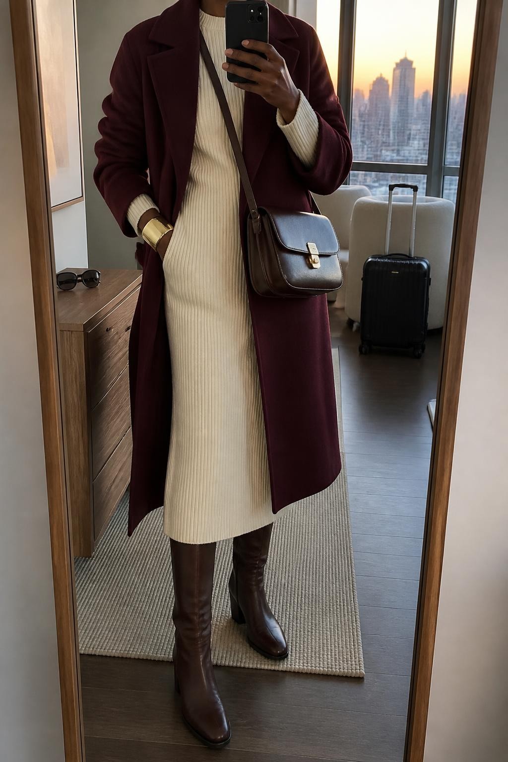 mirror selfie of a Black woman wearing an open burgundy knee-length wool-blend coat over a cream ribbed long-sleeve midi sweater dress, dark brown leather flat knee-high boots, a chocolate structured crossbody bag with a secure flap closure, and a wide brushed gold cuff bracelet, clearly showing the exact clothing items, colors, fabrics, boots, bag, and bracelet listed in the Outfit Pieces section, holding a phone in front of a mirror, cropped at NECK so the face does not show, relaxed elegant selfie pose in a stylish city apartment, evening golden hour light, with a small suitcase beside a chair and sunglasses placed on a dresser, realistic wool, ribbed knit, leather, and metal textures, natural unstaged mirror photo, latest iPhone photo quality