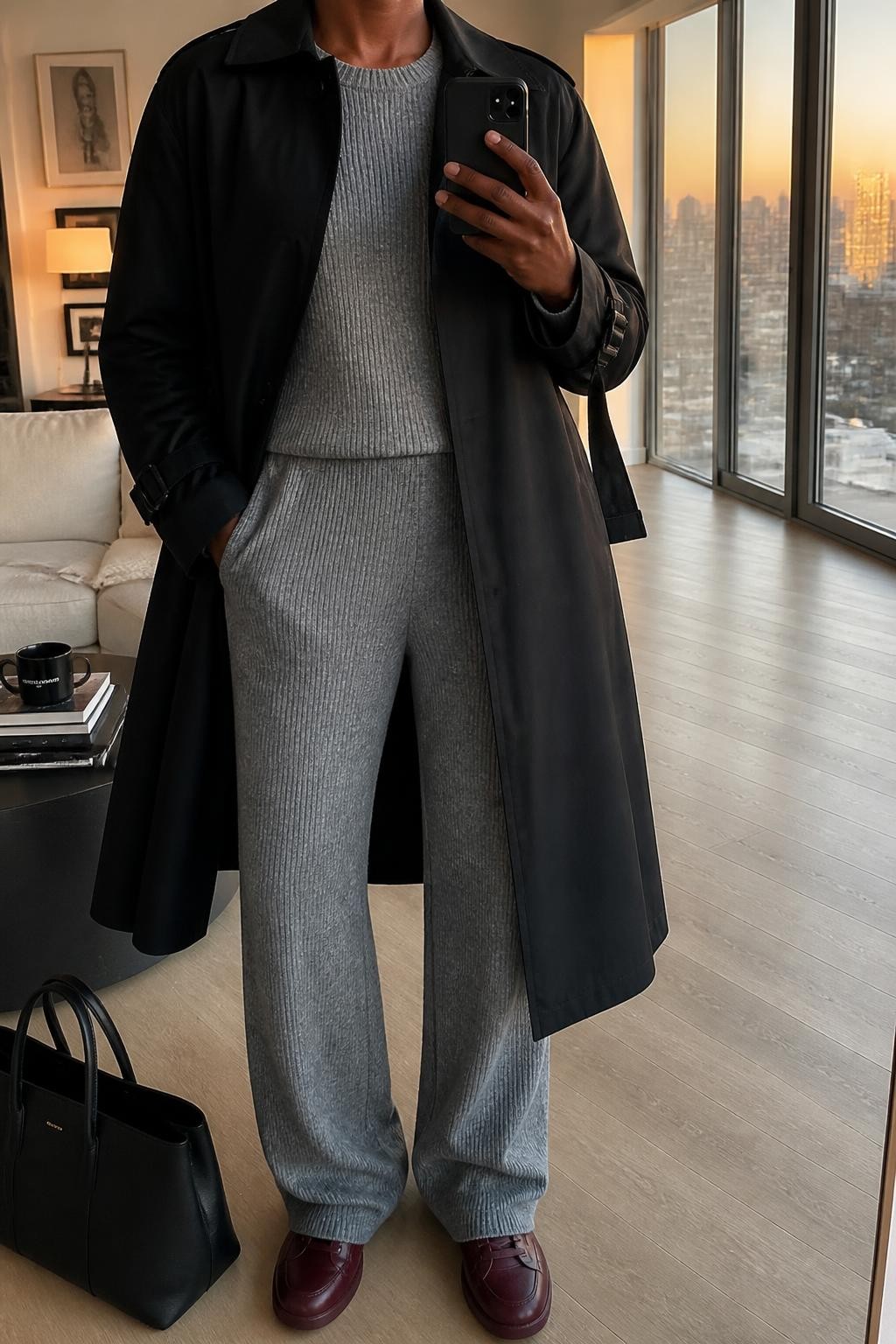 mirror selfie of a Black woman wearing an open black water-resistant belted trench coat over a matching heather gray ribbed crewneck sweater and heather gray ribbed wide-leg knit trousers, burgundy leather sneakers, and a black structured travel tote, clearly showing the exact clothing items, colors, fabrics, sneakers, and bag listed in the Outfit Pieces section, holding a phone in front of a mirror, cropped at NECK so the face does not show, relaxed travel-ready selfie pose in a stylish city apartment, evening golden hour light, with a tote bag resting on the floor and a coffee mug on a side table, realistic water-resistant cotton, ribbed knit, leather, and structured bag textures, natural unstaged mirror photo, latest iPhone photo quality