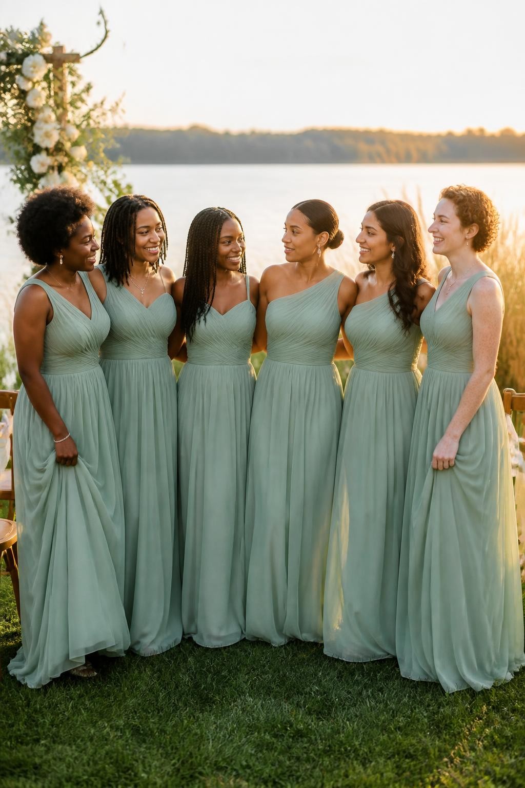 Realistic lakeside wedding photograph of six bridesmaids wearing celadon green chiffon gowns with softly gathered scoop and asymmetric necklines, fine diagonal pleats across the bodices, elongated dropped waists, and airy floor-length skirts beginning around the upper hips, women with deep ebony, rich warm brown, medium brown, golden tan, South Asian olive, and fair freckled skin tones, varied torso lengths, heights, ages, and body shapes represented naturally, bright expressive faces with realistic skin texture, hairstyles including natural curls, shoulder-length locs, long braids, smooth low bun, layered waves, and short coils, standing beside a lakeside ceremony with cream flowers, pale ribbons, wooden chairs, tall grasses, and calm water, gentle wind moving the skirts naturally, soft golden-hour light passing through the chiffon, visible pleat texture and believable fabric transparency.