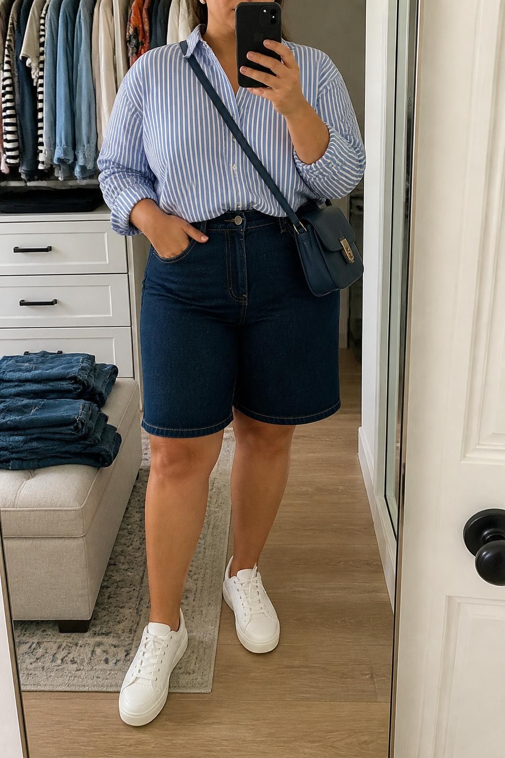 Mirror selfie of a plus size woman wearing dark indigo high-waisted denim jorts with a straight knee-length cut, an oversized blue and white striped cotton button-down shirt tucked loosely at the front, white leather sneakers, a structured navy crossbody bag, and small silver stud earrings, clearly showing the exact clothing items, dark denim, stripe pattern, colors, footwear, and accessories listed, holding a phone in front of a mirror, cropped at the neck so her face does not appear, relaxed polished selfie stance, in a walk-in closet mirror with soft indoor lighting, an open closet with clothes visible and folded denim jeans on a bench, realistic summer outfit, latest iPhone photo quality.