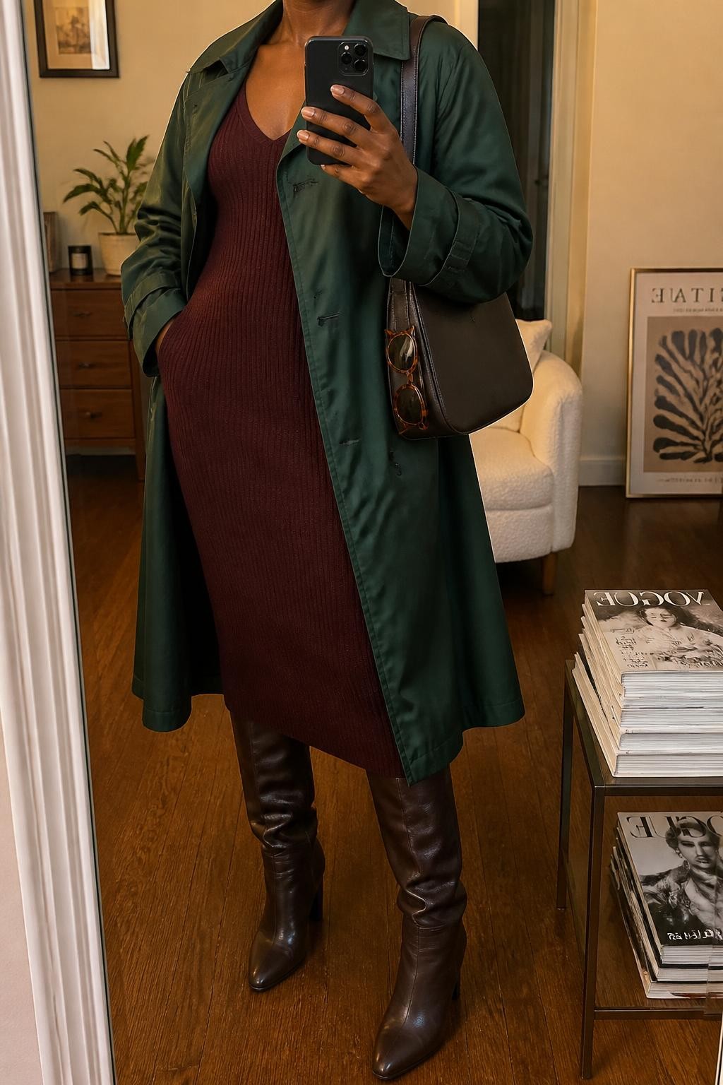 mirror selfie of a Black midsize woman wearing a partly open forest green water-resistant trench coat over a burgundy ribbed knit midi dress, dark brown leather knee-high boots, a chocolate structured shoulder bag, and tortoiseshell rectangular sunglasses hooked onto the shoulder bag, clearly showing the exact clothing items, colors, fabrics, boots, bag, and sunglasses listed in the Outfit Pieces section, holding a phone in front of a mirror, cropped at NECK so the face does not show, relaxed confident selfie pose in a stylish city apartment, warm moody lighting, with a small plant on a dresser and a stack of fashion magazines on a side table, realistic trench, ribbed knit, leather, and tortoiseshell textures, casual unstaged mirror composition, latest iPhone photo quality