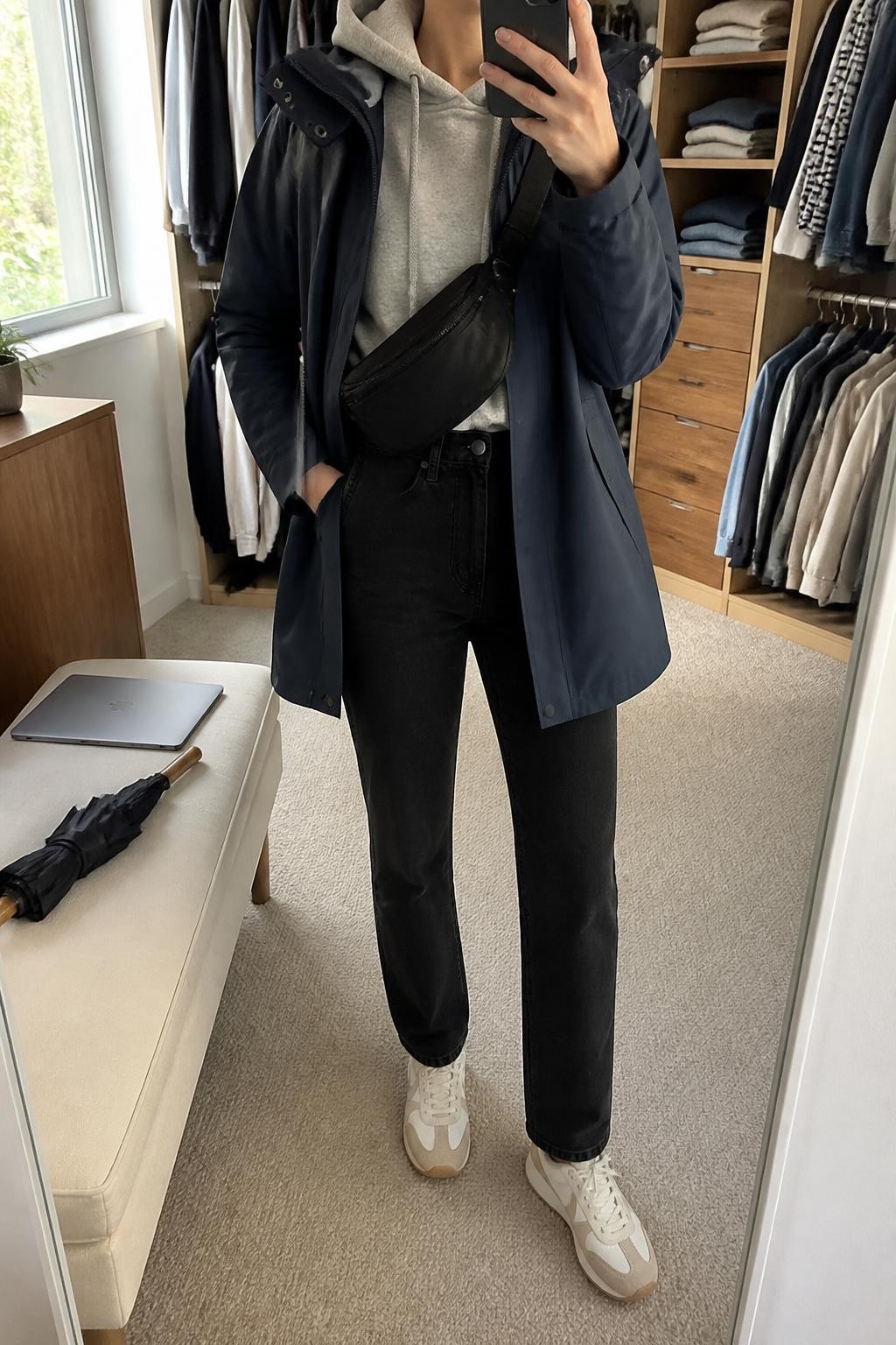 mirror selfie of a woman wearing an open navy water-resistant hooded raincoat over a heather gray brushed-cotton hoodie with the hood resting outside the raincoat collar, black high-waisted straight-leg jeans, white and beige weather-resistant sneakers, and a black nylon belt bag worn crossbody, clearly showing the exact clothing items, colors, fabrics, sneakers, and bag listed in the Outfit Pieces section, holding a phone in front of a mirror, cropped at NECK so the face does not show, relaxed casual selfie pose in a walk-in closet mirror, natural window light, with a folded umbrella on a bench and a laptop resting nearby, realistic water-resistant fabric, fleece, denim, rubber, and nylon textures, latest iPhone photo quality