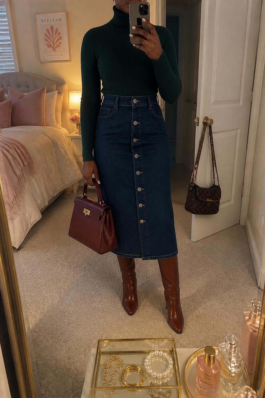 Mirror selfie of a Black woman wearing a dark blue front-button denim midi skirt, fitted forest-green ribbed turtleneck, cognac leather knee-high boots, structured burgundy handbag, and small pearl stud earrings, clearly showing the exact clothing items, colors, fabrics, and accessories listed, holding a phone in front of a feminine-themed bedroom mirror, cropped at the neck so the face does not show, relaxed casual selfie pose, evening golden-hour lighting, a jewelry tray on the vanity and a handbag hanging on a door handle, warm realistic setting, latest iPhone photo quality.