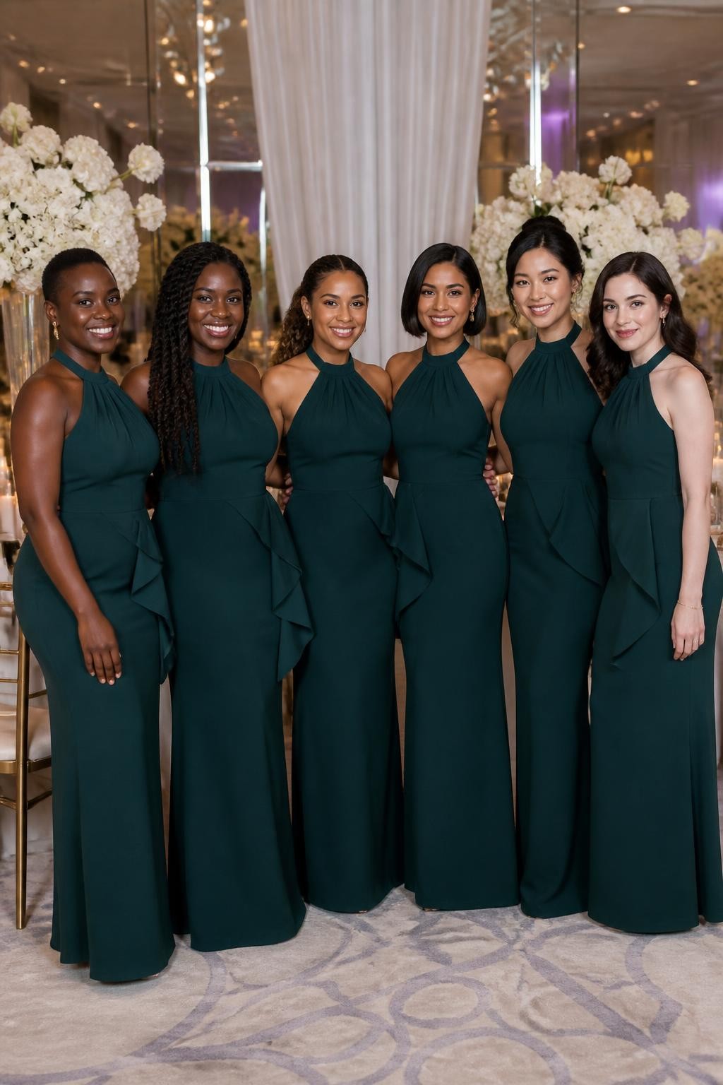 Realistic formal wedding portrait of six bridesmaids wearing dark peacock green matte-crepe column gowns with high gathered halter necklines, softly sculpted waterfall peplum panels flowing diagonally from the waist, and slim floor-length skirts with discreet back slits, women with deep ebony, cool dark brown, cinnamon, golden olive, East Asian beige, and porcelain complexions, different shoulder widths, bust sizes, heights, and body shapes shown naturally, bright confident faces with realistic evening makeup and distinct features, hairstyles including cropped coils, long twists, braided ponytail, sleek bob, polished chignon, and brushed waves, standing inside a contemporary ballroom with ivory curtains, sculptural white flowers, mirrored walls, and candlelit tables, directional lighting revealing subtle blue undertones in the green fabric, visible seams, and believable fabric tension.
