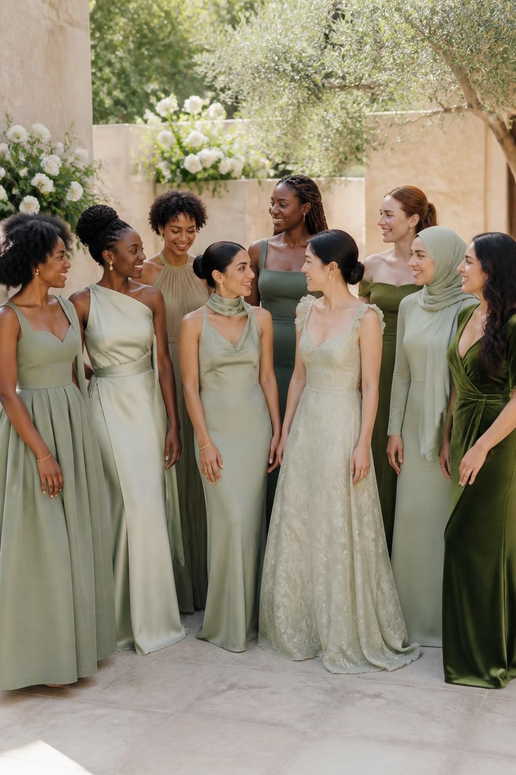 Realistic full-frame DSLR wedding photograph of eight bridesmaids wearing intentionally mismatched floor-length dresses in sage, eucalyptus, celadon, moss, muted olive, and soft fern green, fabrics including liquid satin, pleated chiffon, matte crepe, velvet, organza, and subtle botanical jacquard, silhouettes including a basque-waist gown, one-shoulder sash dress, halter column, scarf-neck slip, square-neck dress, off-shoulder gown, cape-sleeve design, and draped wrap dress, women with deep ebony, dark mahogany, warm brown, golden tan, South Asian olive, East Asian light beige, and fair freckled skin tones, varied ages, heights, and body shapes, bright beautiful faces with distinct natural features, realistic skin texture and genuine smiles, hairstyles including natural coils, locs, long braids, sleek buns, loose waves, short curls, and a softly wrapped hijab, standing in a cream-stone garden courtyard with white roses, olive trees, and warm afternoon sunlight, each fabric reacting differently to the light, natural spacing and candid conversation.