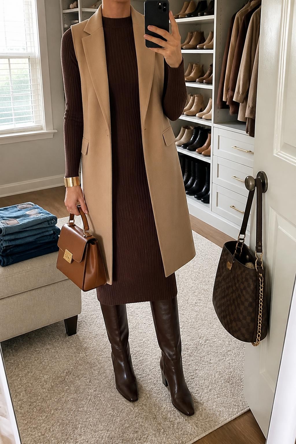 mirror selfie of a woman wearing an open camel longline tailored vest over a chocolate ribbed long-sleeve midi dress with a small space between the hem and dark brown leather knee-high boots, a cognac structured top-handle bag, and a brushed gold cuff bracelet, clearly showing the exact clothing items, colors, fabrics, boots, bag, and bracelet listed in the Outfit Pieces section, holding a phone in front of a mirror, cropped at NECK so the face does not show, relaxed polished selfie pose in a walk-in closet mirror, natural window light, with folded denim jeans on a bench and a handbag hanging on a door handle, realistic tailoring, ribbed knit, and leather textures, latest iPhone photo quality