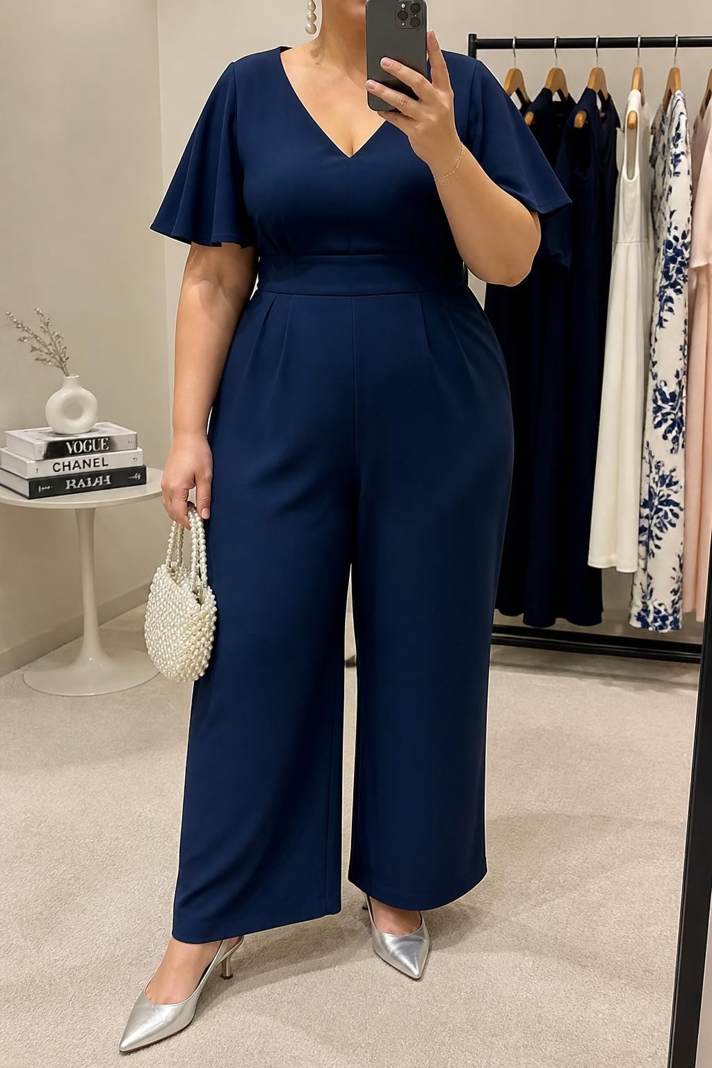Mirror selfie of a plus size woman wearing a navy blue crepe wide-leg jumpsuit with short cape sleeves, a V-neckline, and a structured waistband, silver pointed slingback heels, a pearl-covered mini handbag, and pearl drop earrings, clearly showing the exact jumpsuit shape, navy color, crepe fabric, footwear, and accessories listed, holding a phone in front of a mirror, cropped at the neck so the face is hidden, relaxed confident selfie pose, in a minimal dressing room with soft indoor lighting, a clothing rack with garments behind her and a stack of fashion magazines on a side table, realistic modern wedding guest appearance, latest iPhone photo quality.