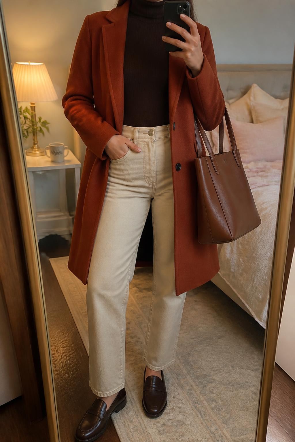 mirror selfie of a woman wearing an open rust single-breasted wool-blend coat over a chocolate fitted fine-knit turtleneck tucked fully into beige high-rise straight-leg jeans, dark brown polished leather loafers, and a cognac structured tote bag, clearly showing the exact clothing items, colors, fabrics, shoes, and bag listed in the Outfit Pieces section, holding a phone in front of a mirror, cropped at NECK so the face does not show, relaxed business casual selfie pose in a feminine-themed bedroom, warm moody lighting, with a coffee mug on a bedside table and soft pillows on an unmade bed, realistic wool, fine knit, denim, polished leather, and structured bag textures, latest iPhone photo quality