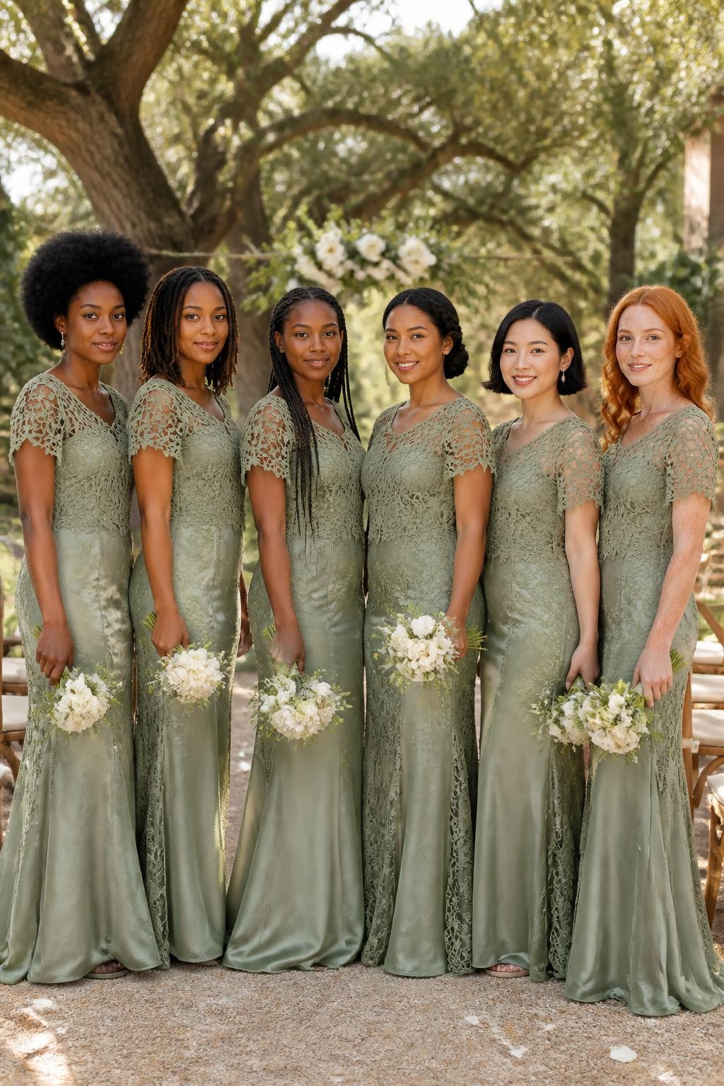 Realistic romantic outdoor wedding portrait of six bridesmaids wearing sage crochet-lace gowns layered over smooth matching satin slips, open floral lattice patterns concentrated across the sleeves and upper bodices, softly scalloped necklines, fitted waists, and gently flared floor-length skirts, women with deep ebony, dark mahogany, warm brown, golden tan, East Asian light beige, and fair freckled skin tones, different ages, heights, and body shapes, bright beautiful faces with realistic skin detail and softly luminous makeup, hairstyles including a natural afro, shoulder-length locs, long braids, braided low bun, short bob, and loose waves, standing beneath mature trees at a relaxed estate ceremony with ivory flowers, wooden chairs, climbing greenery, and warm filtered sunlight, visible handmade thread texture, realistic openings in the crochet, smooth opaque linings and natural skirt movement.