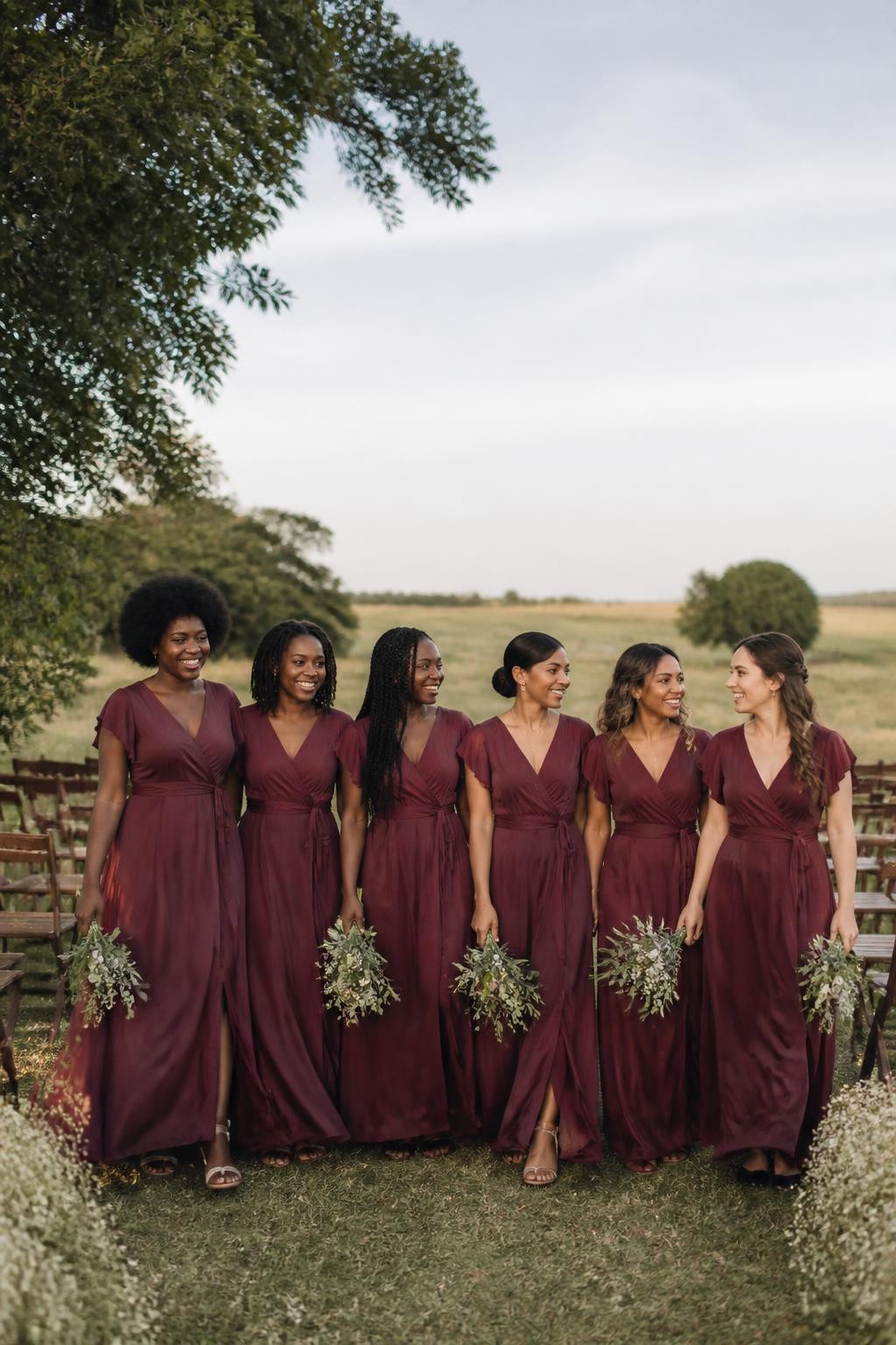 Realistic countryside wedding photograph of six bridesmaids wearing claret burgundy chiffon wrap dresses with crossed V-necklines, adjustable waist ties, flutter sleeves, and flowing floor-length skirts, women with deep ebony, rich brown, medium brown, golden tan, olive, and fair skin tones, varied ages, bust sizes, heights, and body shapes represented naturally, bright friendly faces, realistic skin texture and light makeup, hairstyles including a rounded afro, shoulder-length locs, long braids, smooth low bun, layered curls, and loose waves, standing in an open meadow ceremony space with cream wildflowers, wooden chairs, mature trees, and a soft late-afternoon sky, light wind moving the sleeves and skirts, authentic chiffon transparency and candid group interaction, human DSLR photo-realistic style.