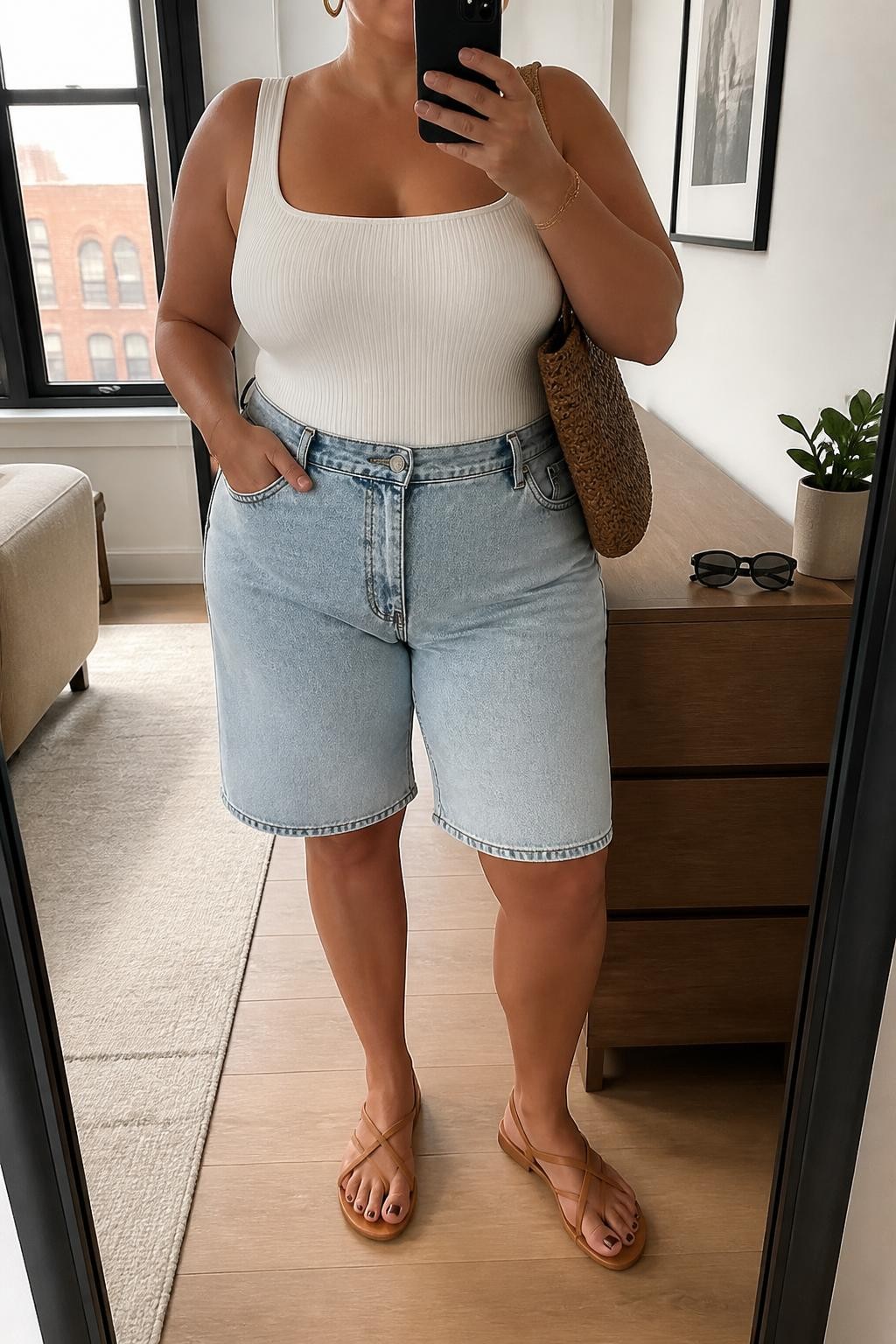Mirror selfie of a plus size woman wearing light-wash high-waisted denim jorts with a relaxed knee-skimming cut, a fitted white ribbed square-neck bodysuit, tan flat leather sandals, a woven tan shoulder bag, and delicate gold hoop earrings, clearly showing the exact clothing items, light denim, white ribbed fabric, colors, footwear, and accessories listed, holding a phone in front of a mirror, cropped at the neck so the face does not show, relaxed casual selfie pose, in a stylish city apartment with natural window light, sunglasses placed on a dresser and a small plant nearby, natural unstaged summer appearance, latest iPhone photo quality.
