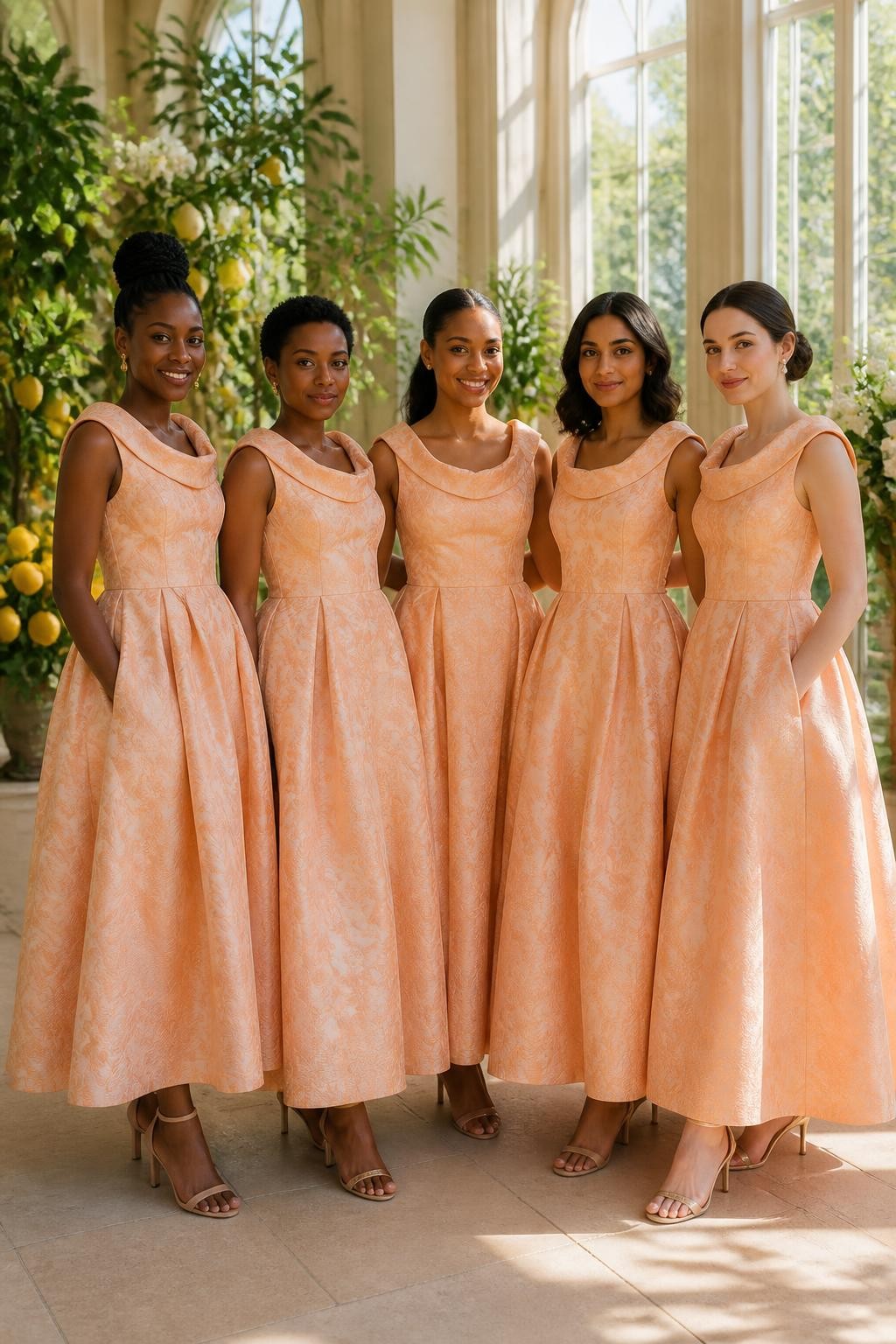 Realistic formal daytime wedding portrait of five bridesmaids wearing tonal peach jacquard gowns with woven blossoms, curling vines, and abstract petals, fitted bodices with sculpted folded portrait necklines, softly pointed waists, and full ankle-length skirts, women with deep cool brown, rich warm brown, caramel, South Asian olive, and pale neutral complexions, naturally varied ages, heights, and body shapes, bright poised faces with distinct features and realistic makeup, hairstyles including a high braided bun, cropped coils, glossy ponytail, shoulder-length waves, and classic chignon, standing inside a bright orangery with tall windows, potted citrus trees, ivory flowers, and pale limestone flooring, angled sunlight revealing the woven pattern without excessive shine, authentic fabric stiffness, deep skirt folds, and elegant heels visible.